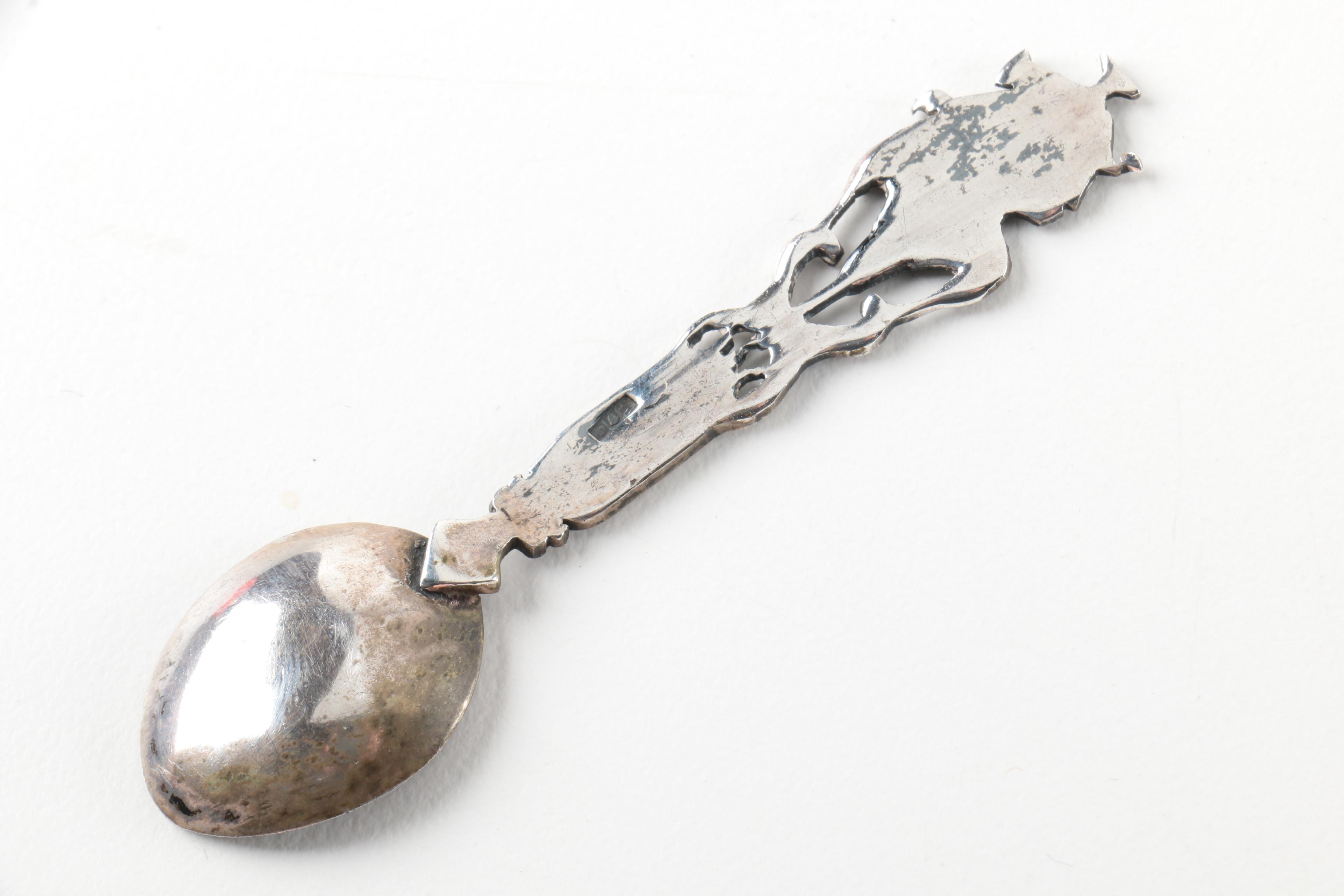 Souvenir Spoon Collection on Wooden Display Including Sterling and 900 Silver