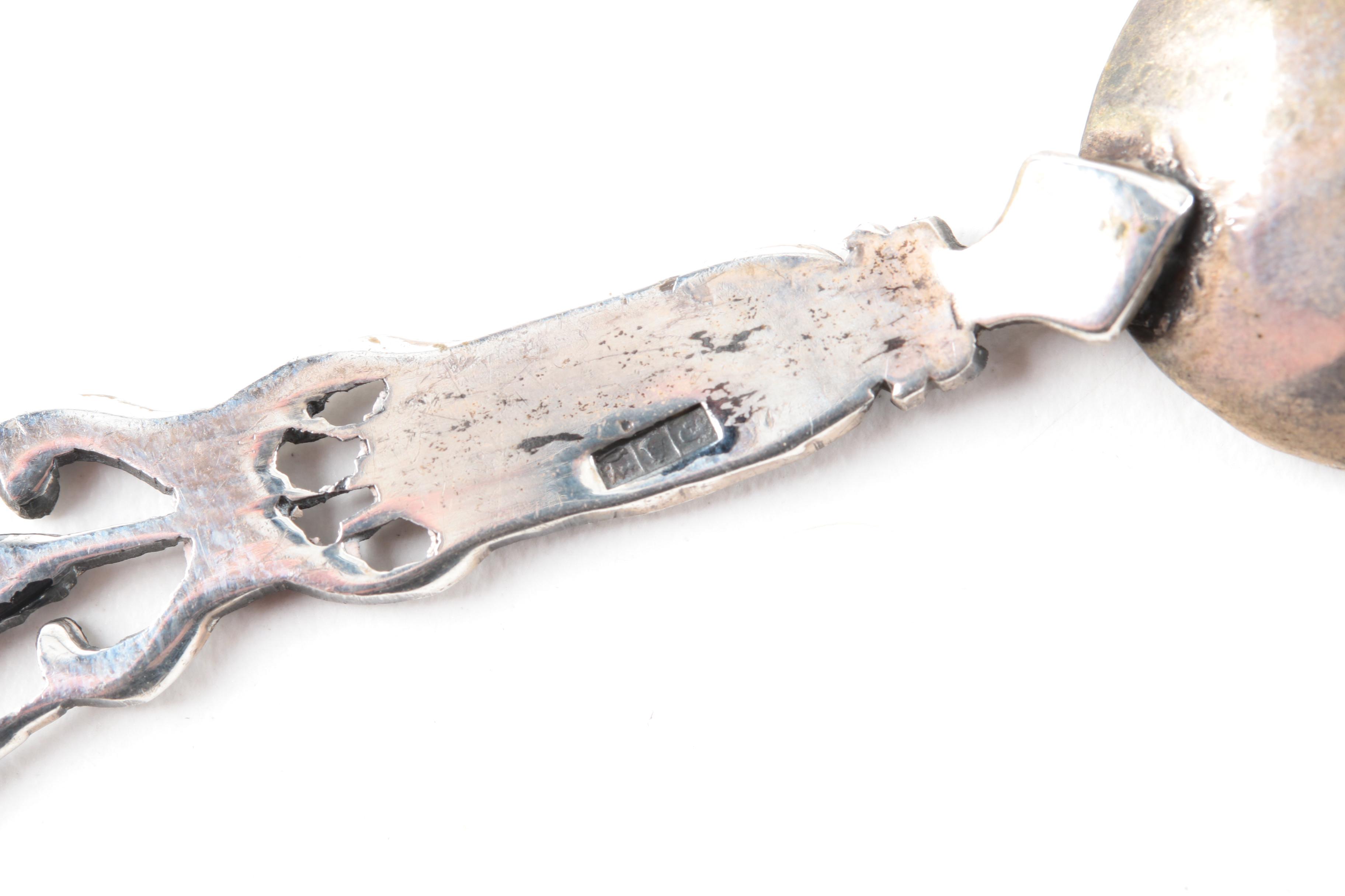 Souvenir Spoon Collection on Wooden Display Including Sterling and 900 Silver