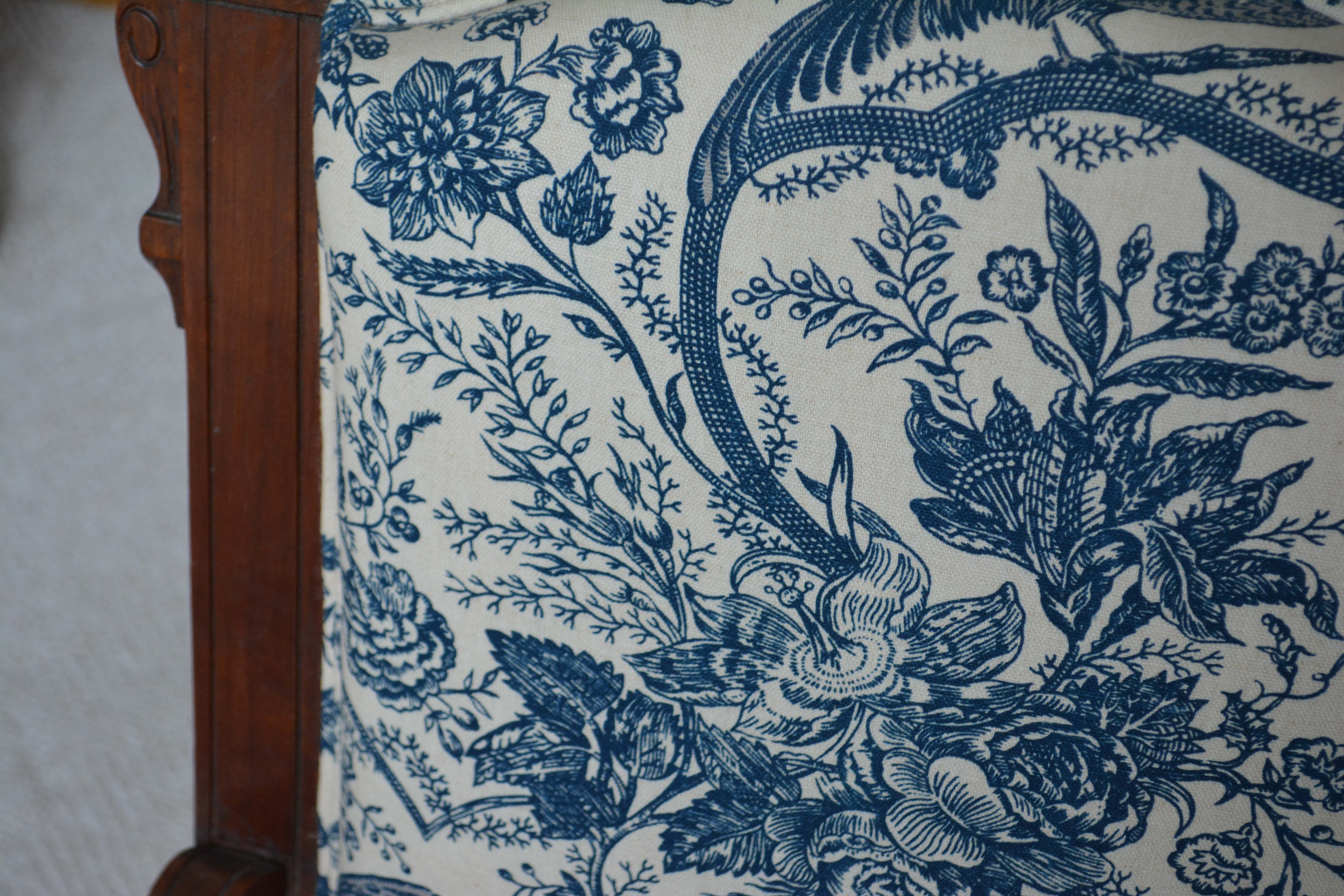 Victorian Renaissance-Revival Armchair in Blue Toile