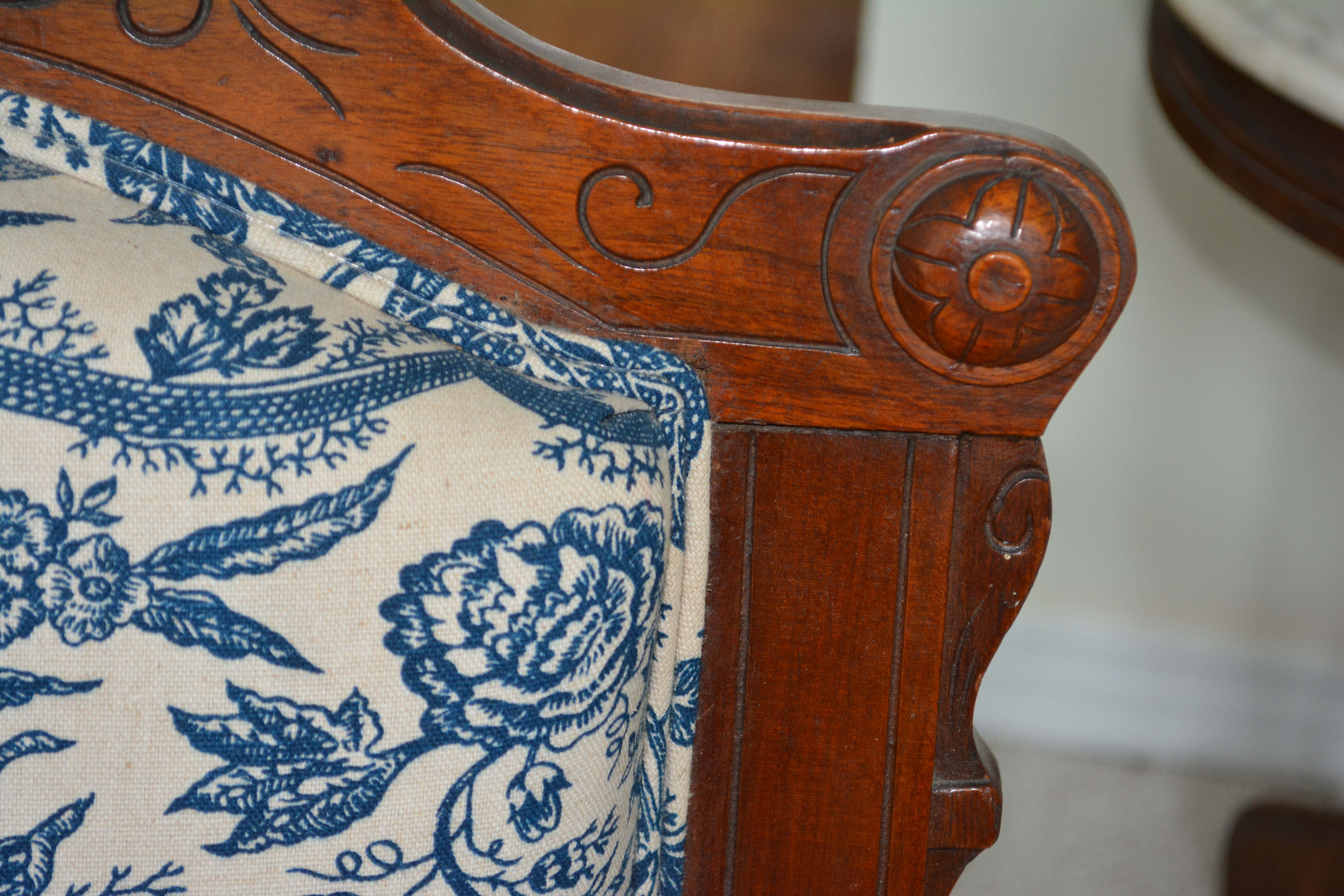 Victorian Renaissance-Revival Armchair in Blue Toile