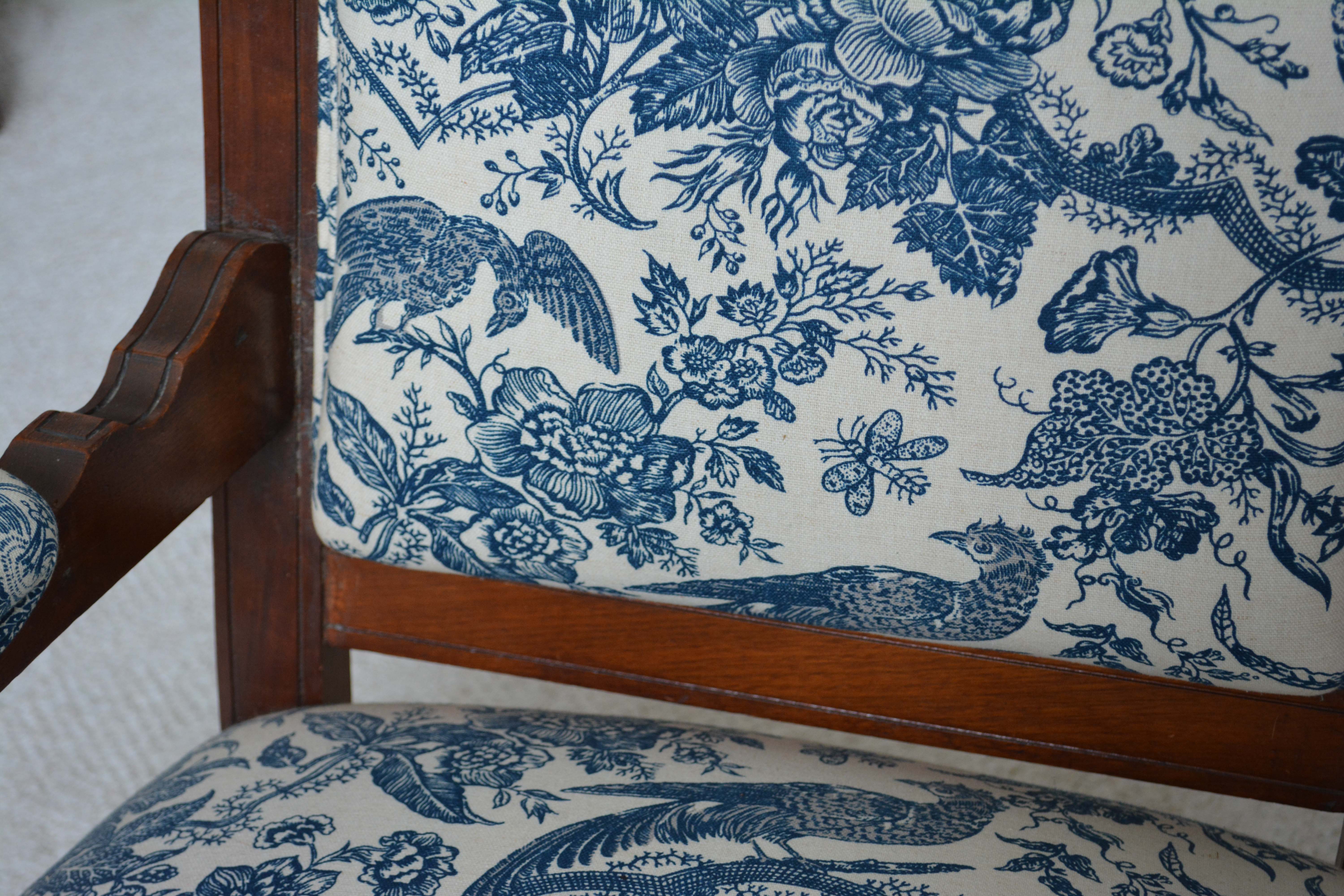 Victorian Renaissance-Revival Armchair in Blue Toile