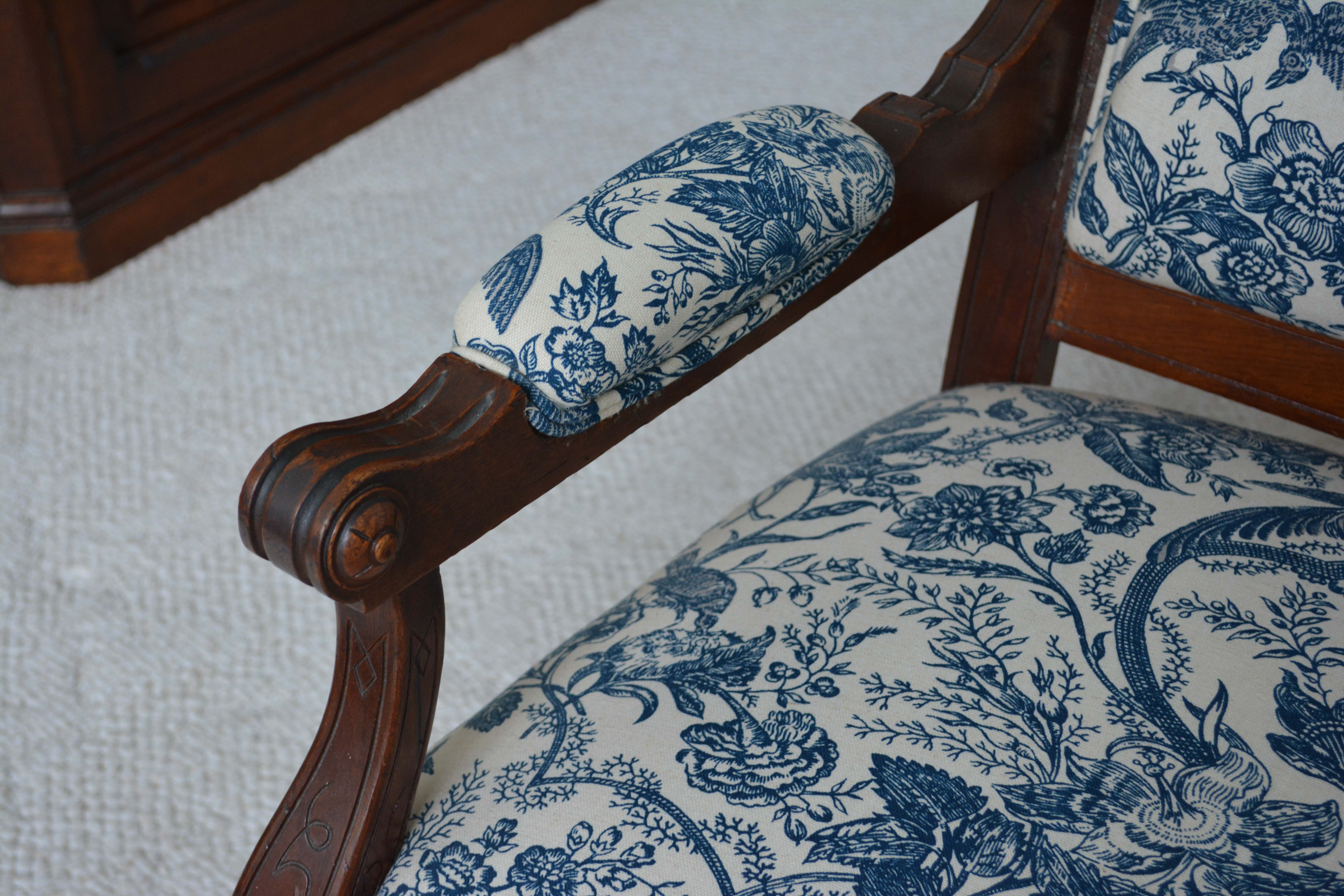 Victorian Renaissance-Revival Armchair in Blue Toile
