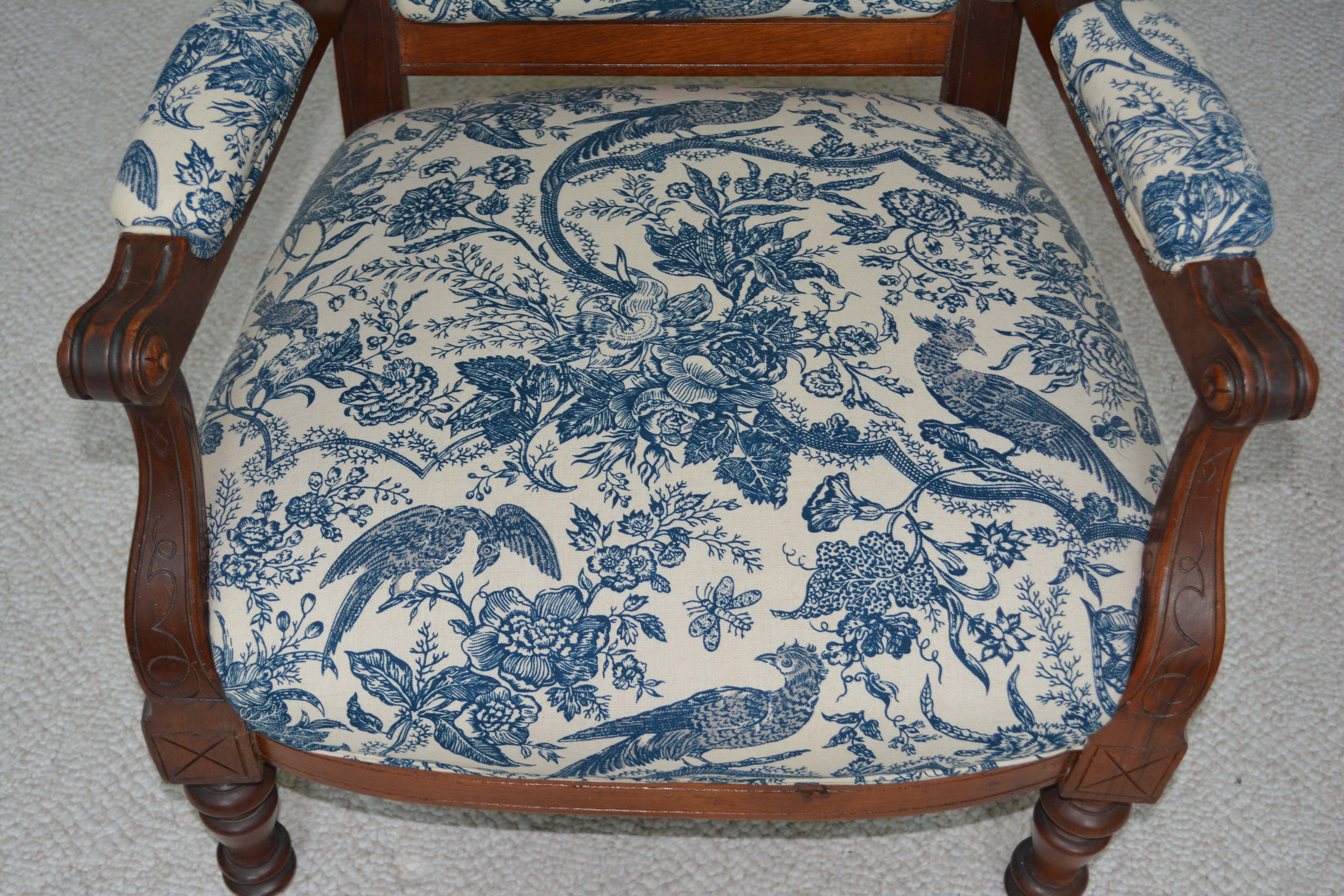 Victorian Renaissance-Revival Armchair in Blue Toile