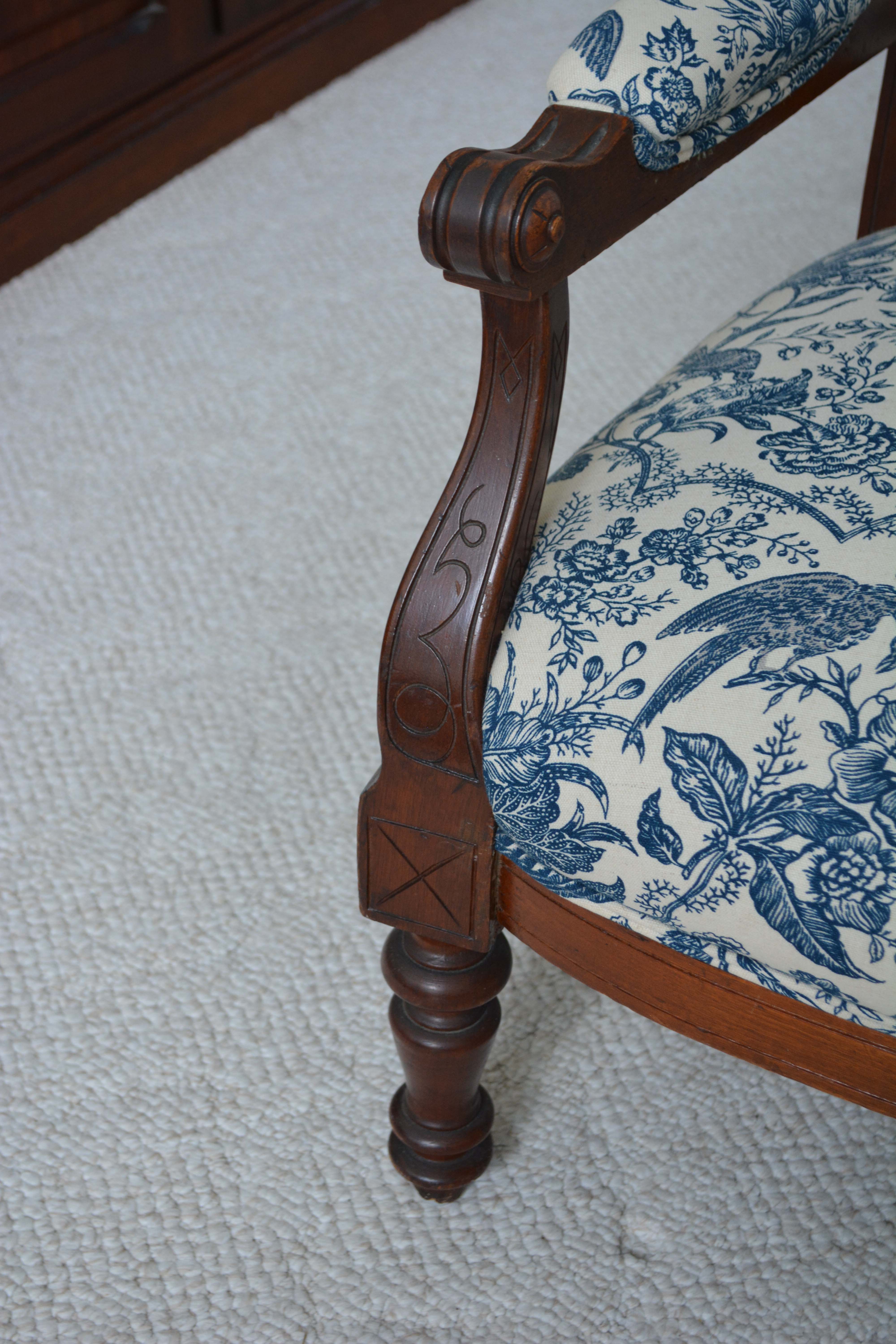 Victorian Renaissance-Revival Armchair in Blue Toile