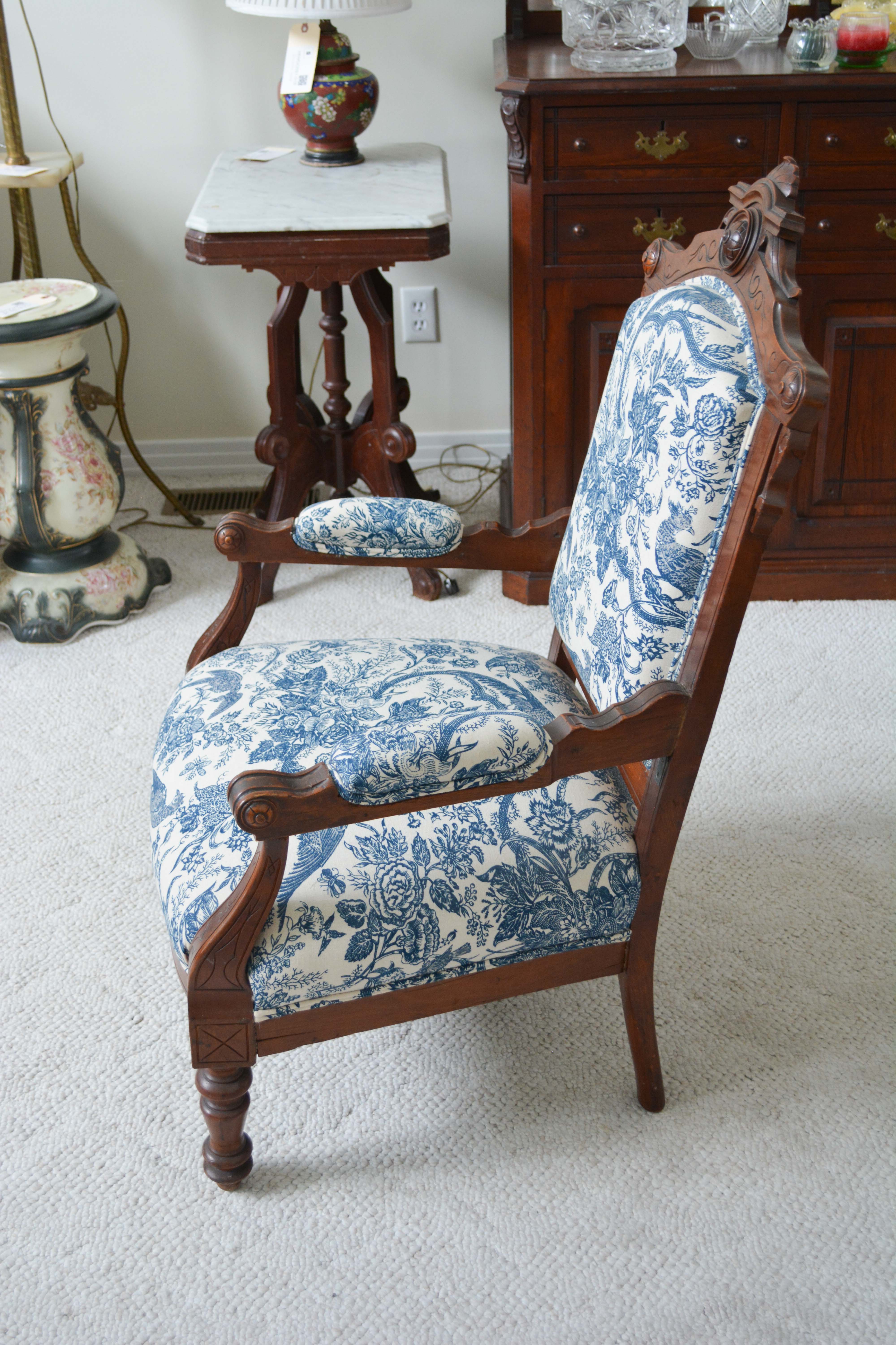 Victorian Renaissance-Revival Armchair in Blue Toile