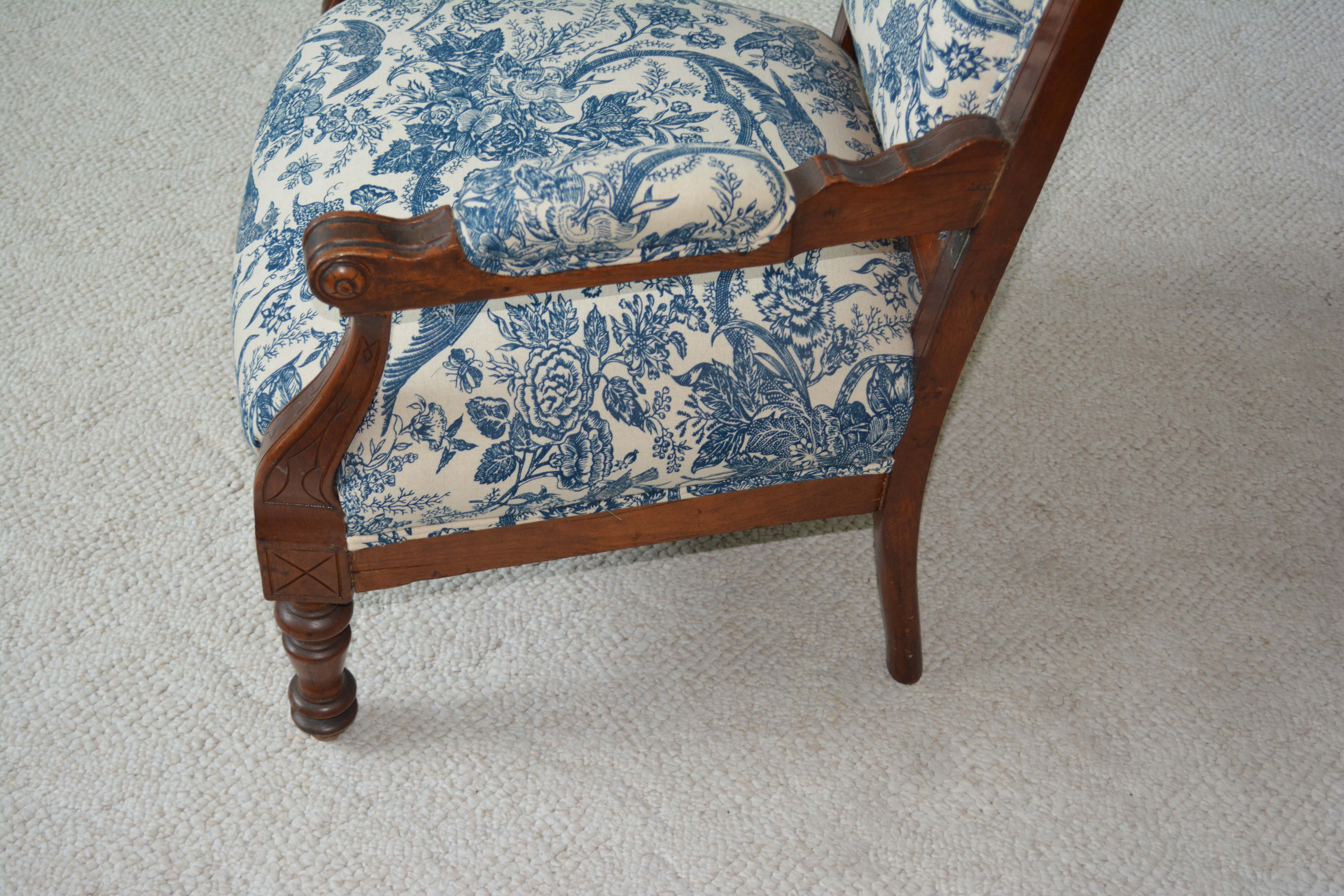Victorian Renaissance-Revival Armchair in Blue Toile
