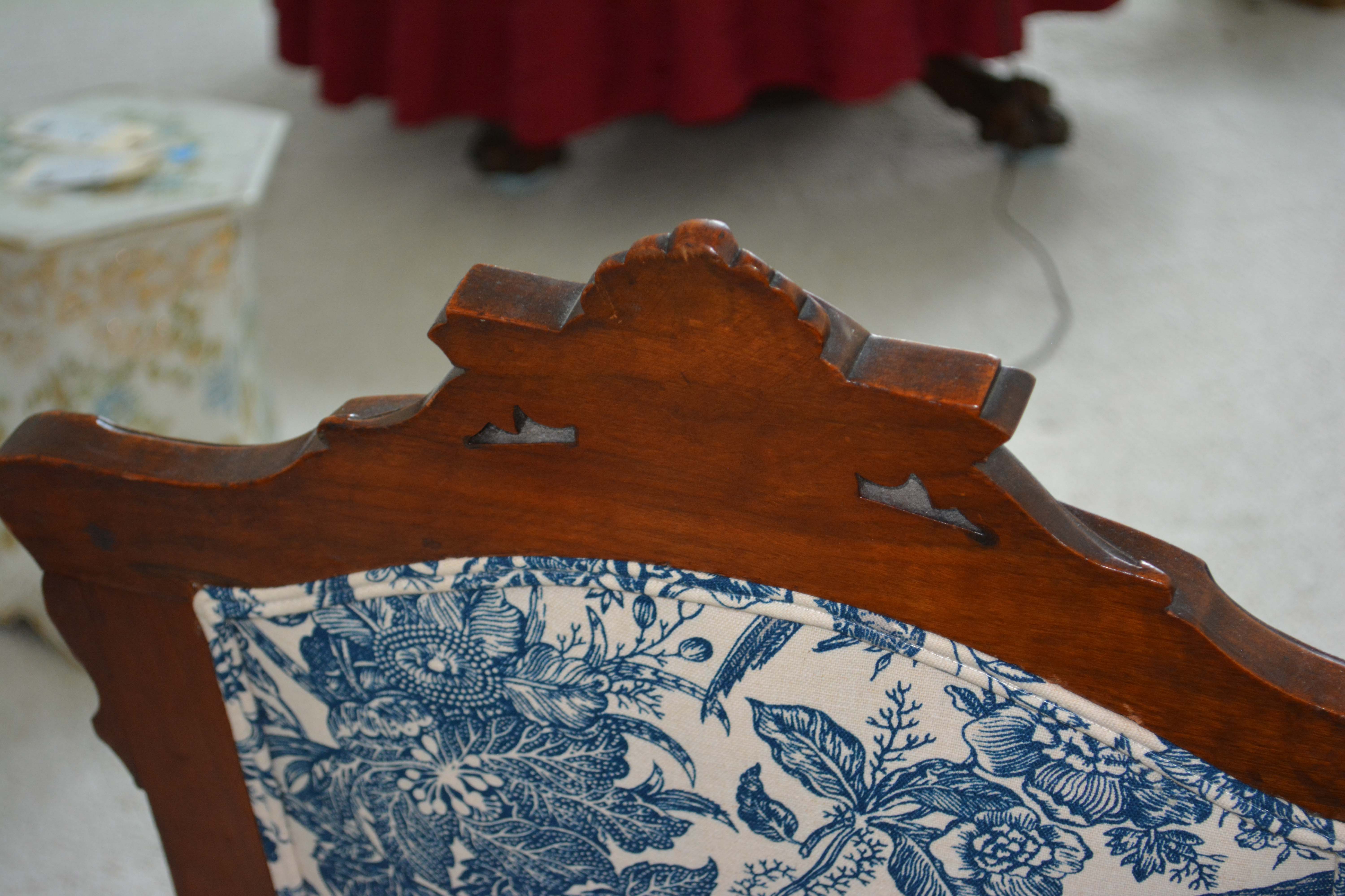 Victorian Renaissance-Revival Armchair in Blue Toile