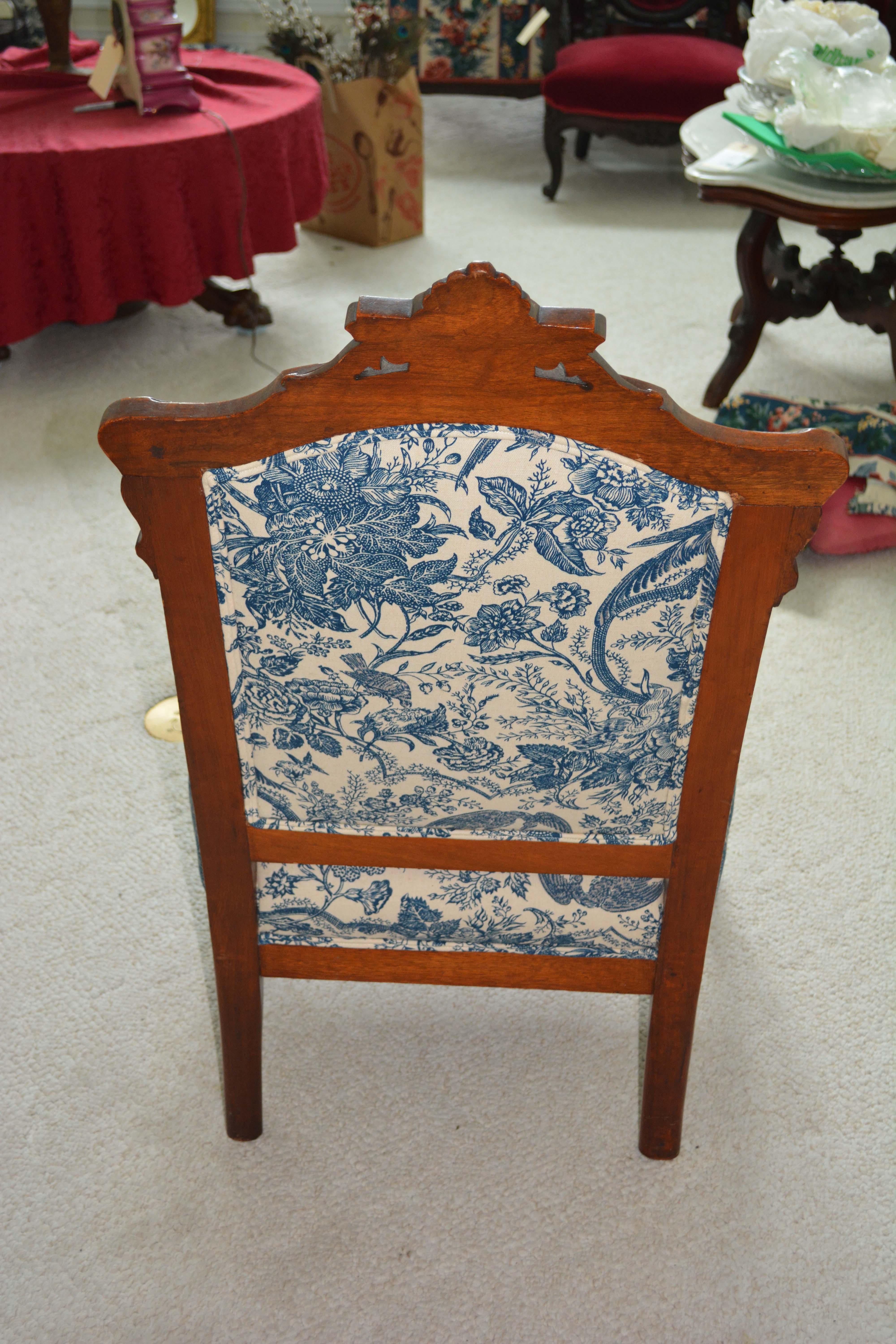 Victorian Renaissance-Revival Armchair in Blue Toile