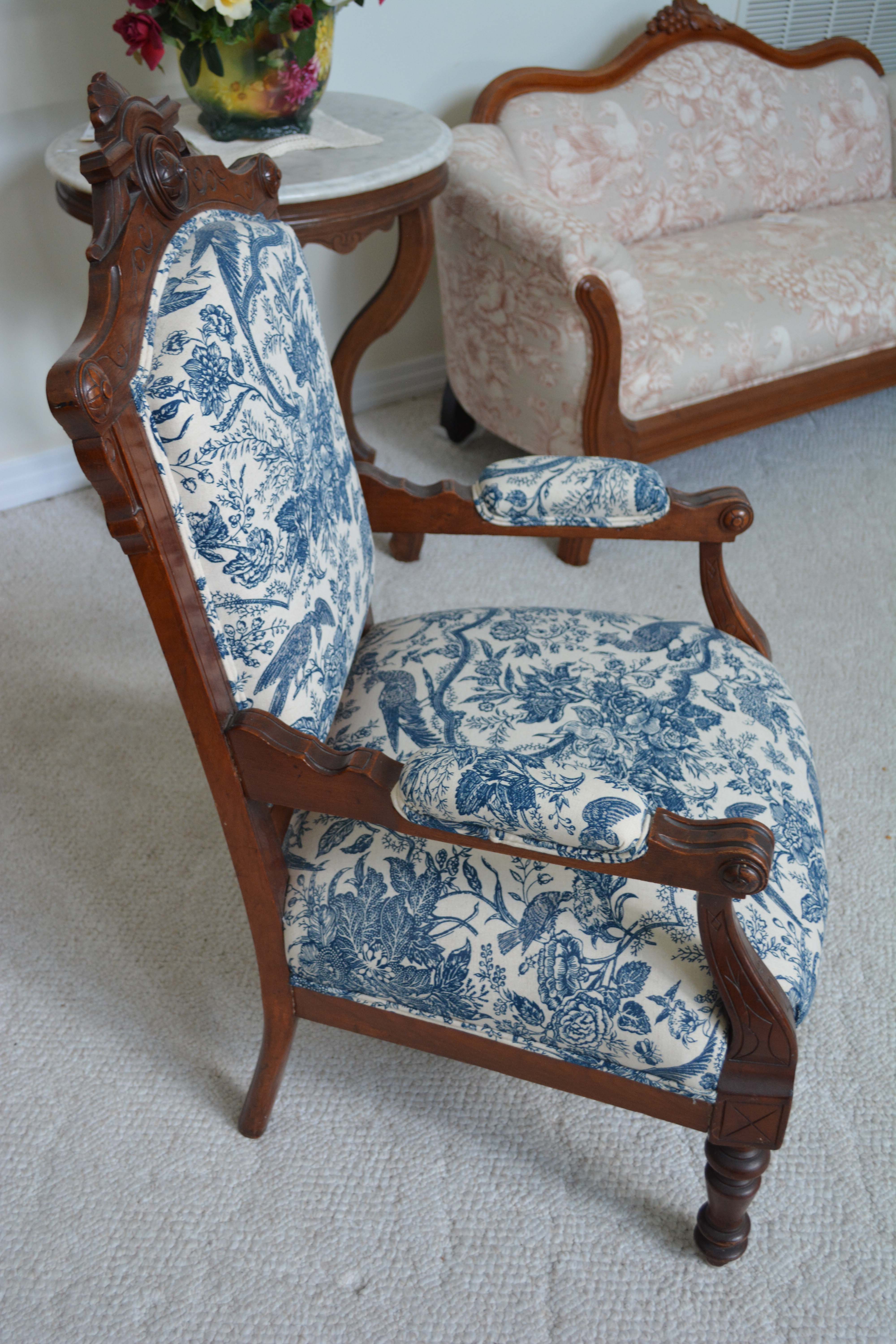Victorian Renaissance-Revival Armchair in Blue Toile