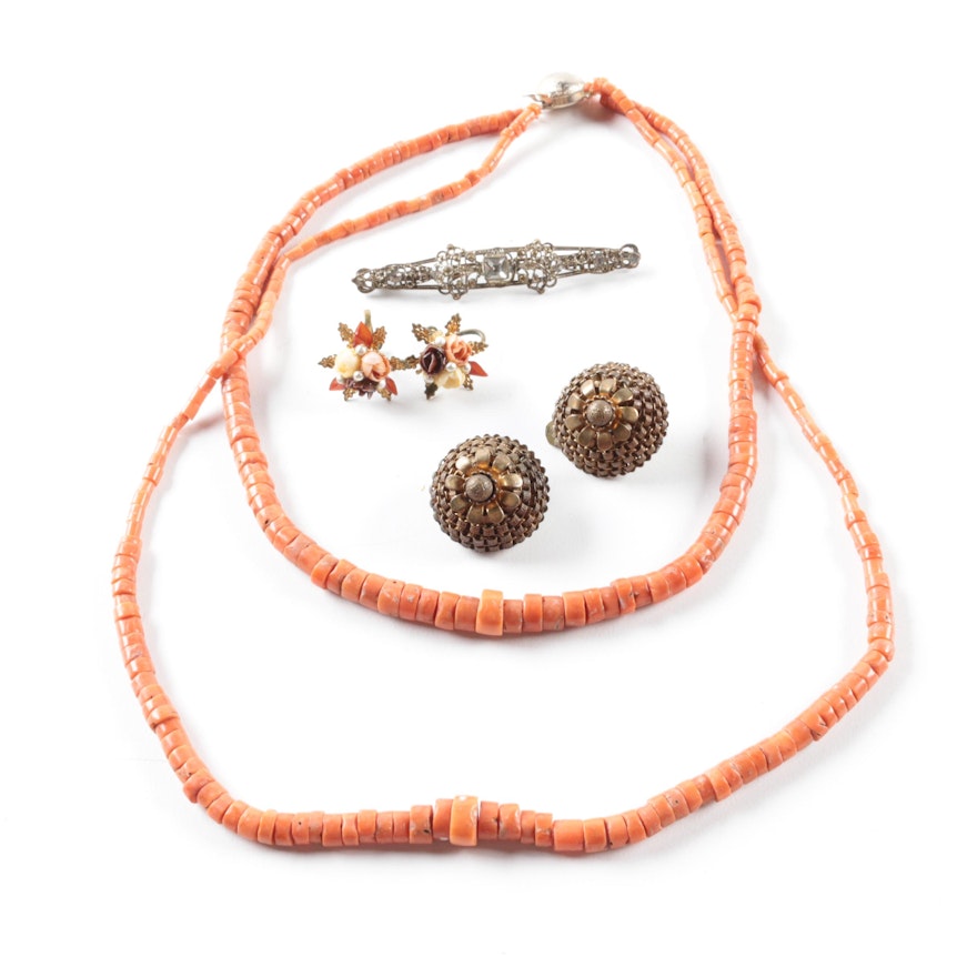 Costume Jewelry Selection Featuring Coral and Domed Miriam Haskell Earrings