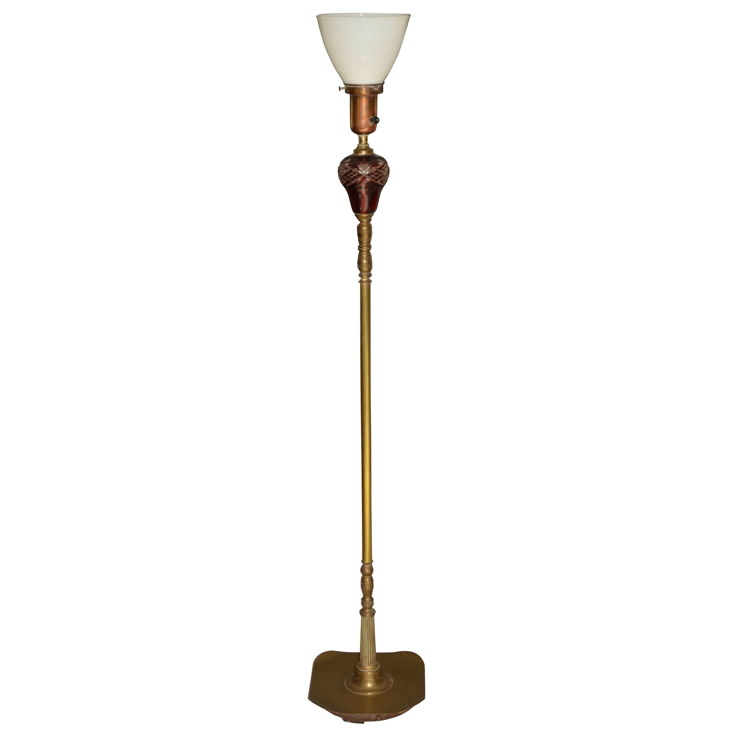 Vintage Brass Floor Lamp with Cranberry Cut-To-Clear Glass Accent