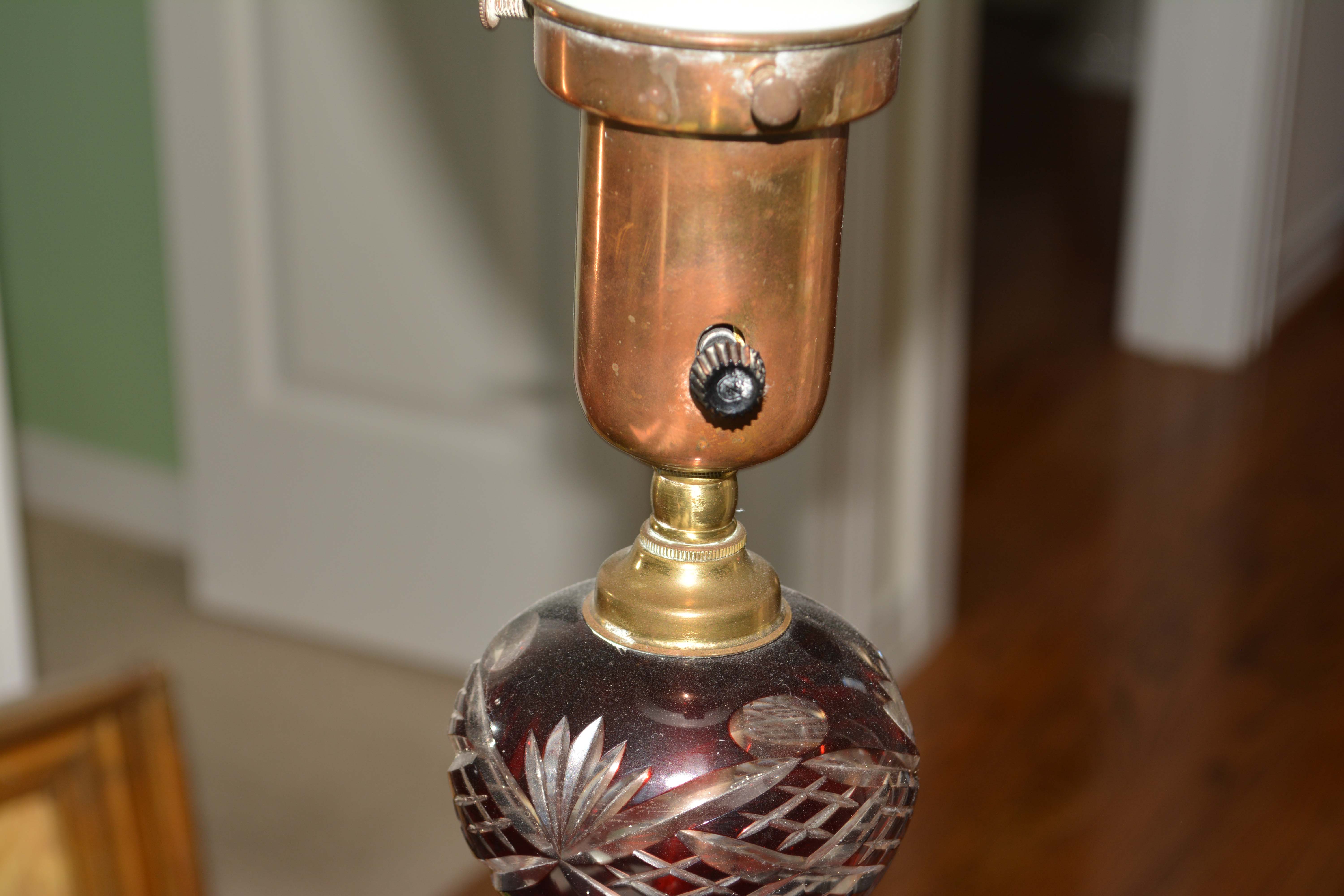 Vintage Brass Floor Lamp with Cranberry Cut-To-Clear Glass Accent