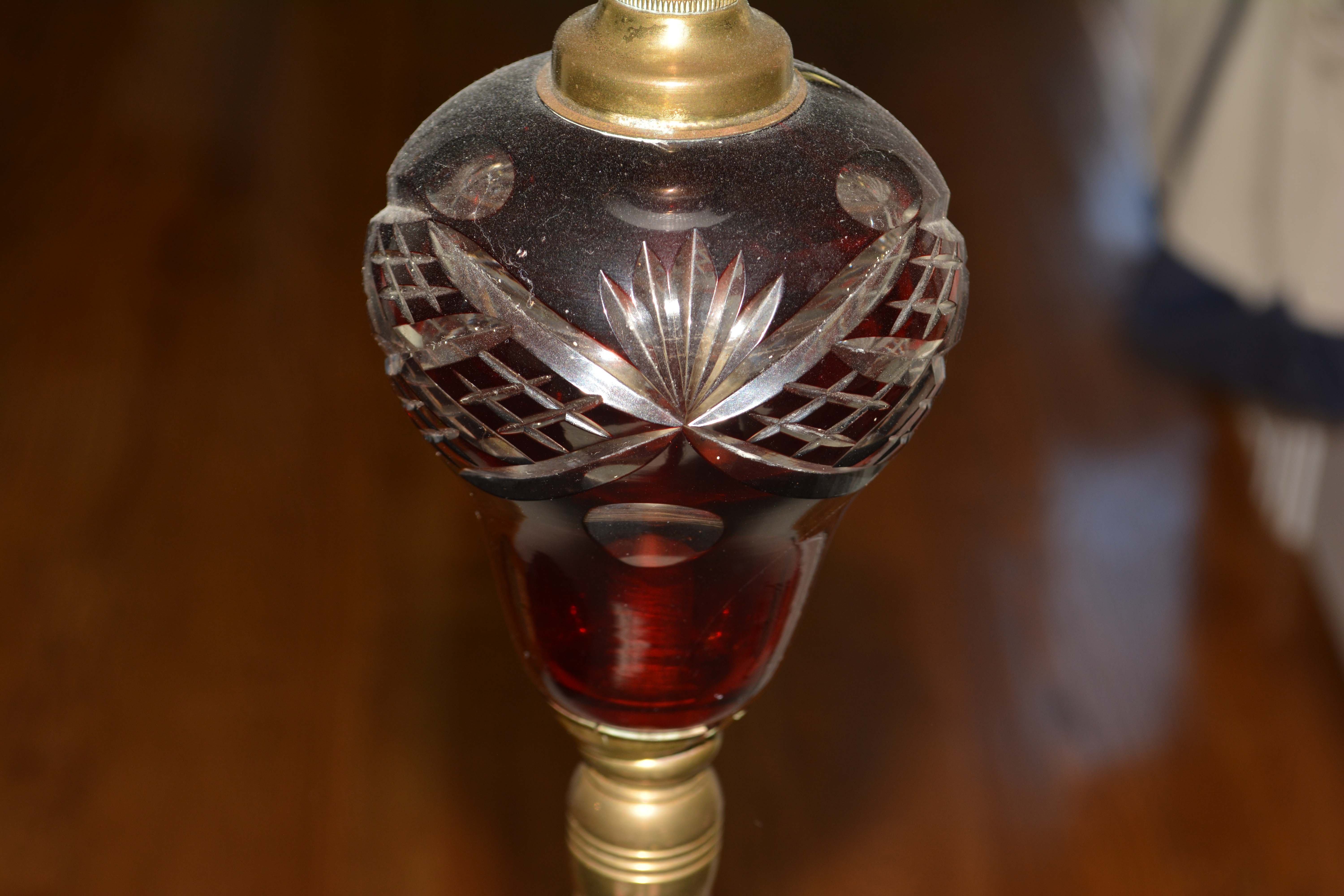 Vintage Brass Floor Lamp with Cranberry Cut-To-Clear Glass Accent