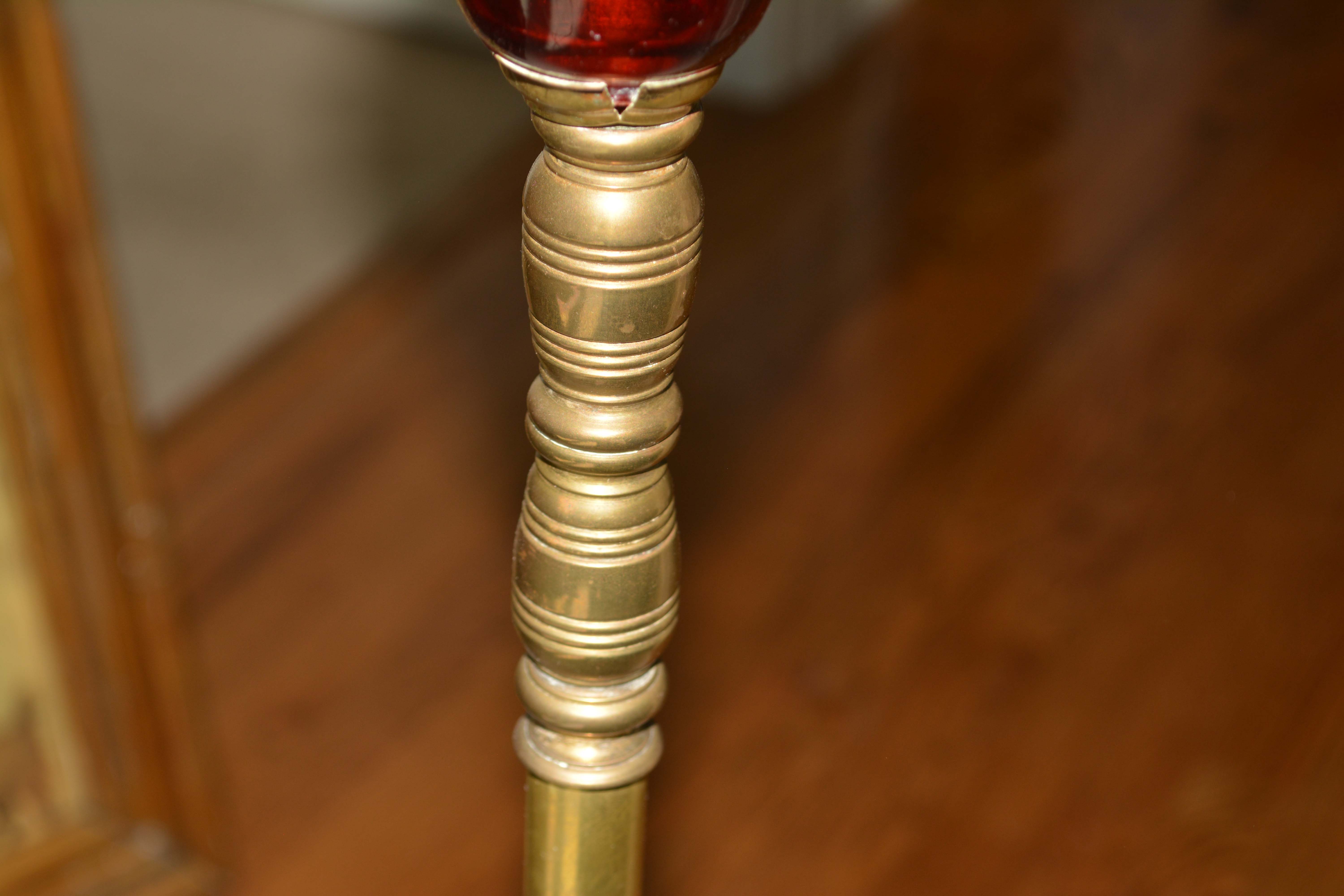 Vintage Brass Floor Lamp with Cranberry Cut-To-Clear Glass Accent