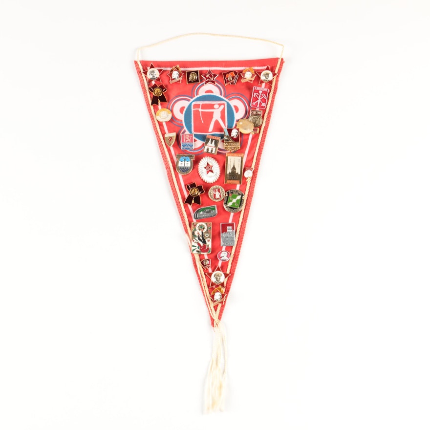 Soviet Russian Pin-Backs Displayed on Archery Pennant