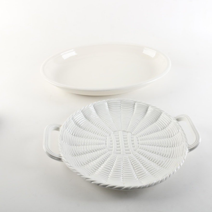 Italian Basketweave Ceramic Platter and Large Serving Platter