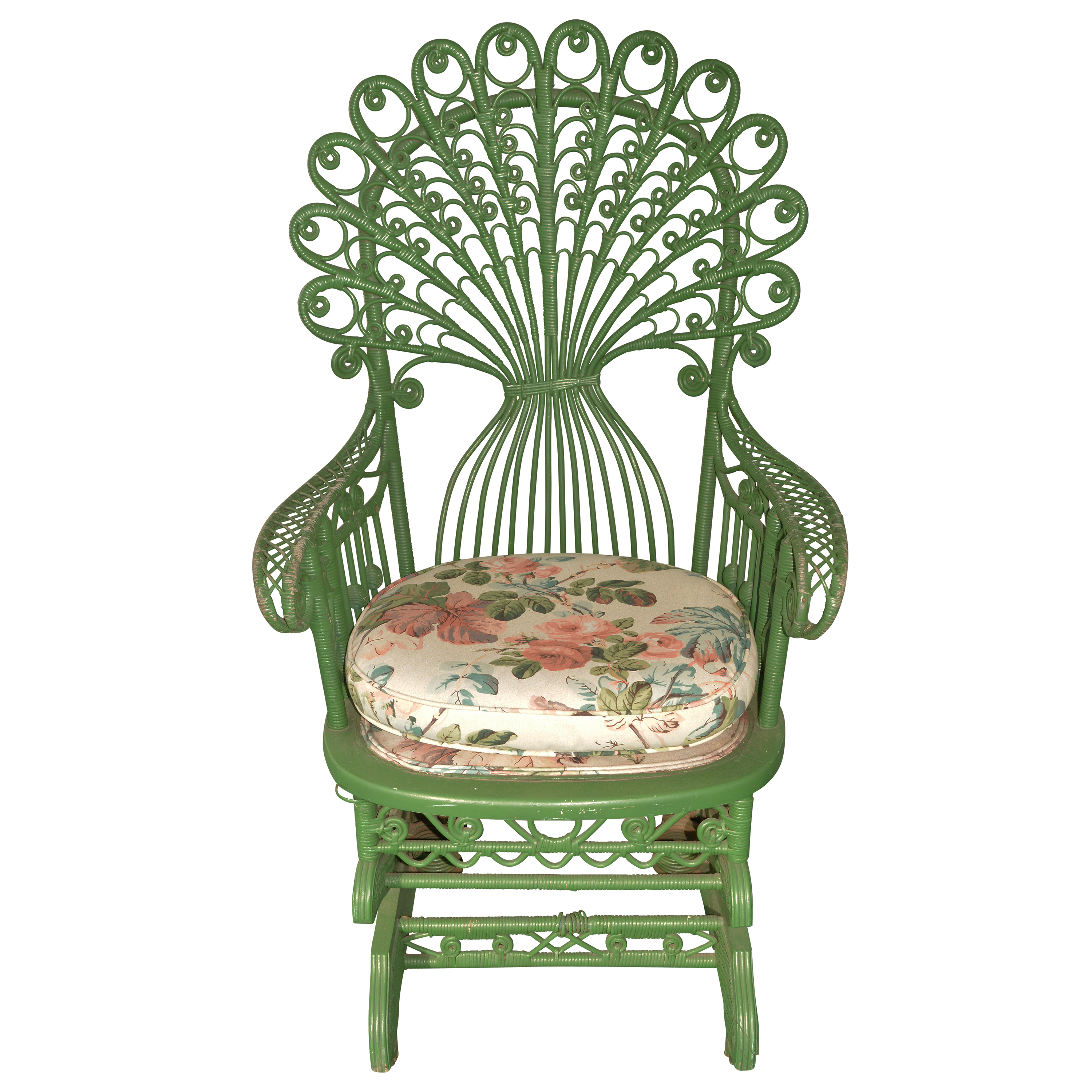Antique Green Wicker Peacock Platform Rocker