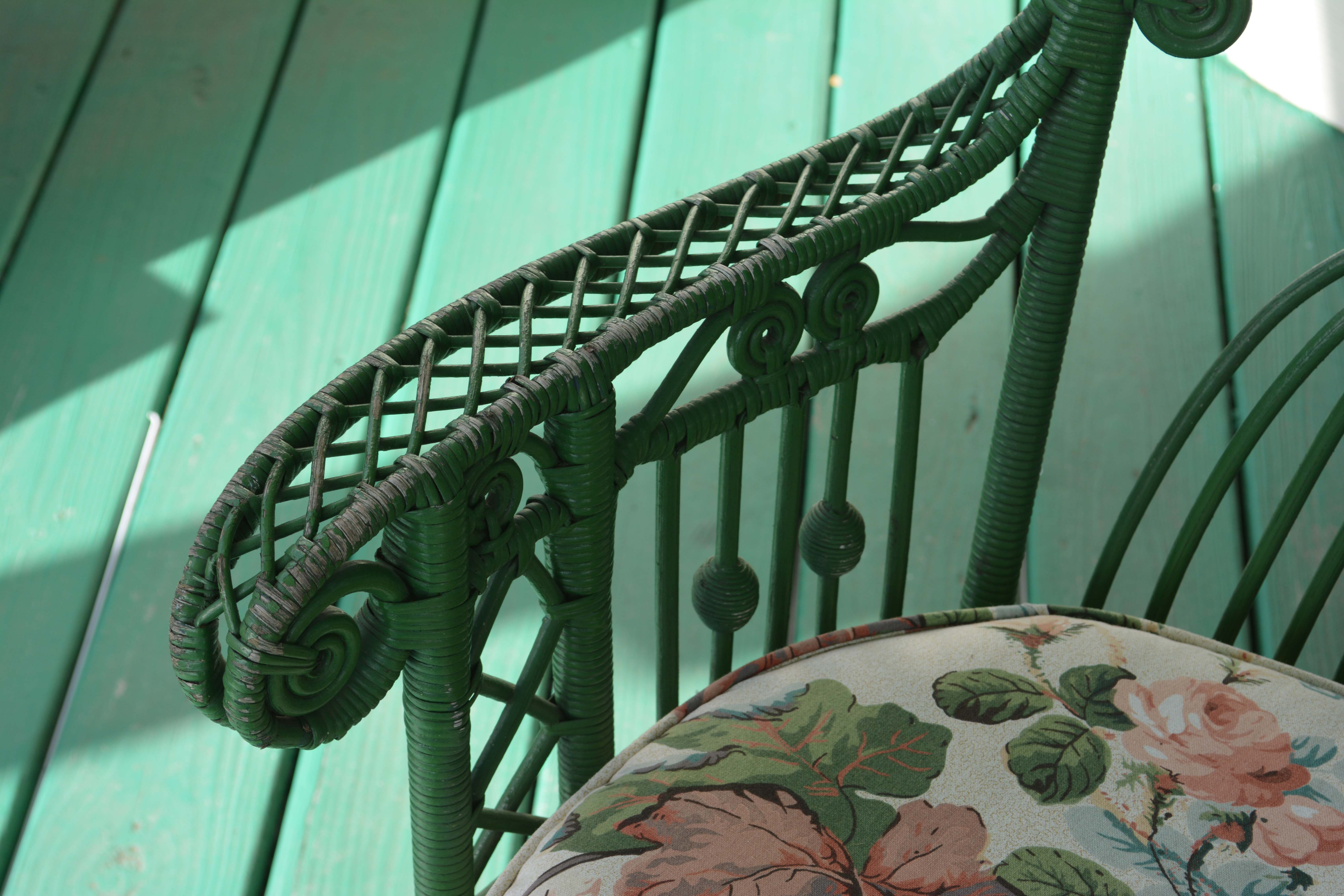 Antique Green Wicker Peacock Platform Rocker