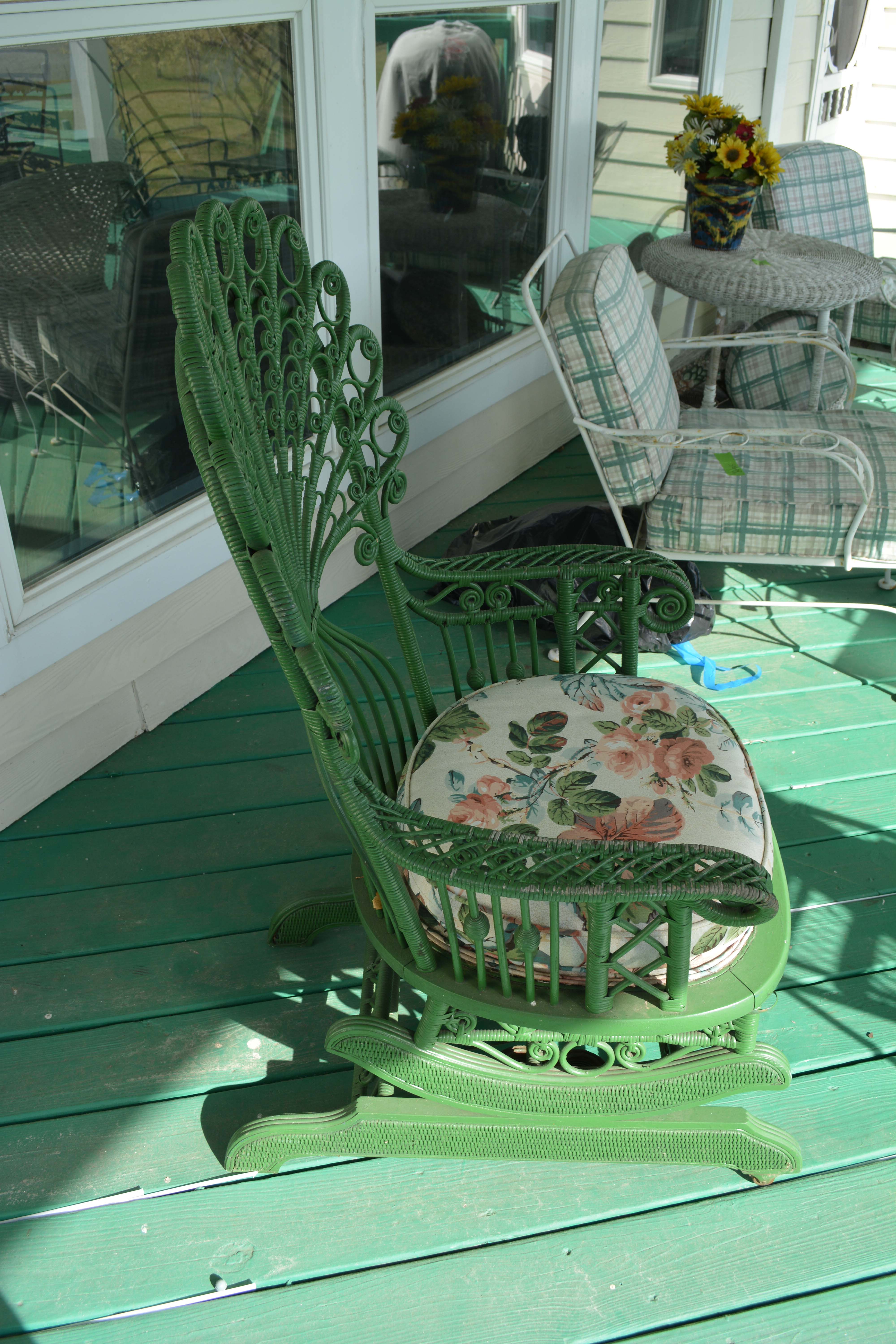 Antique Green Wicker Peacock Platform Rocker