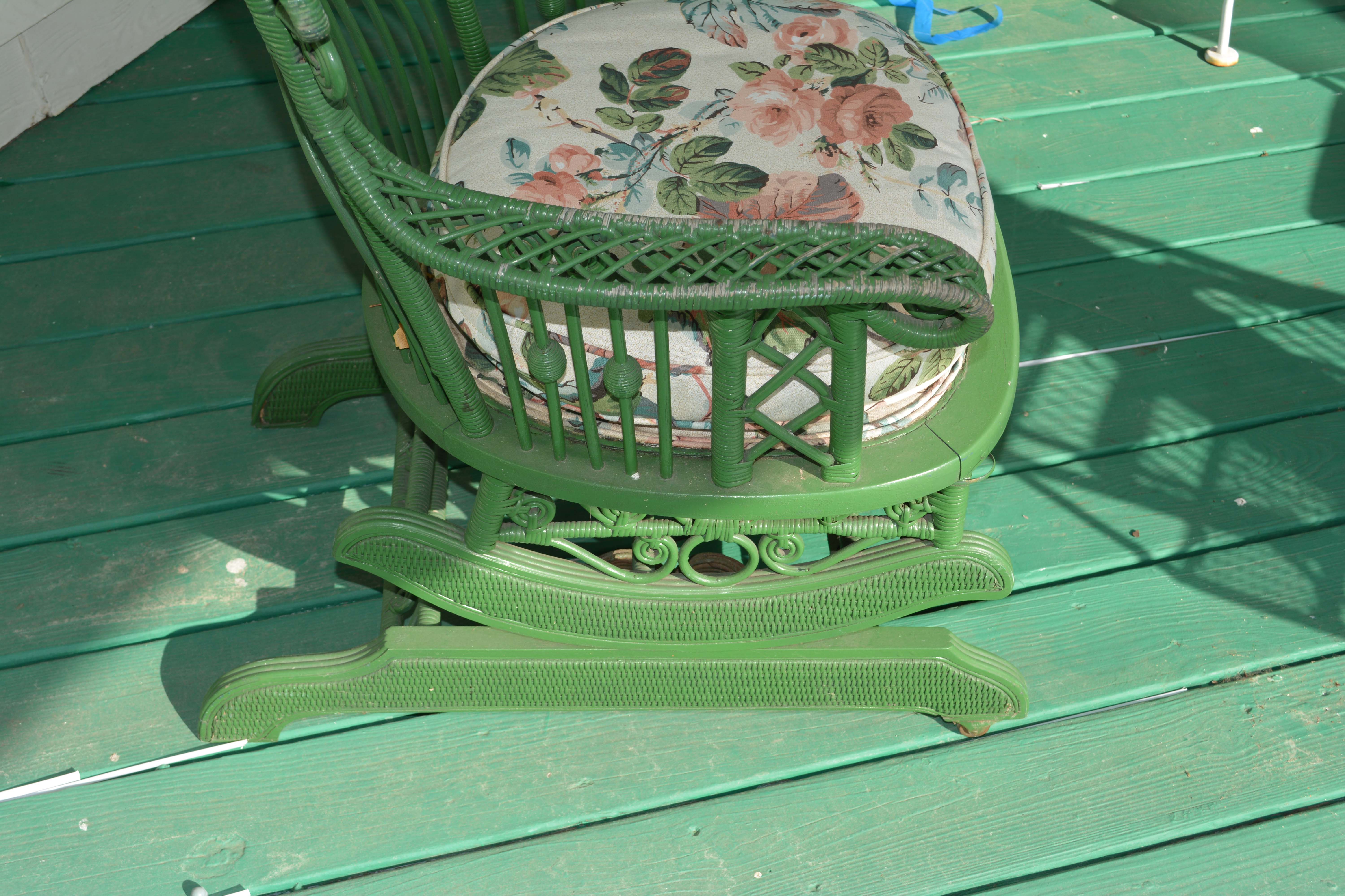 Antique Green Wicker Peacock Platform Rocker
