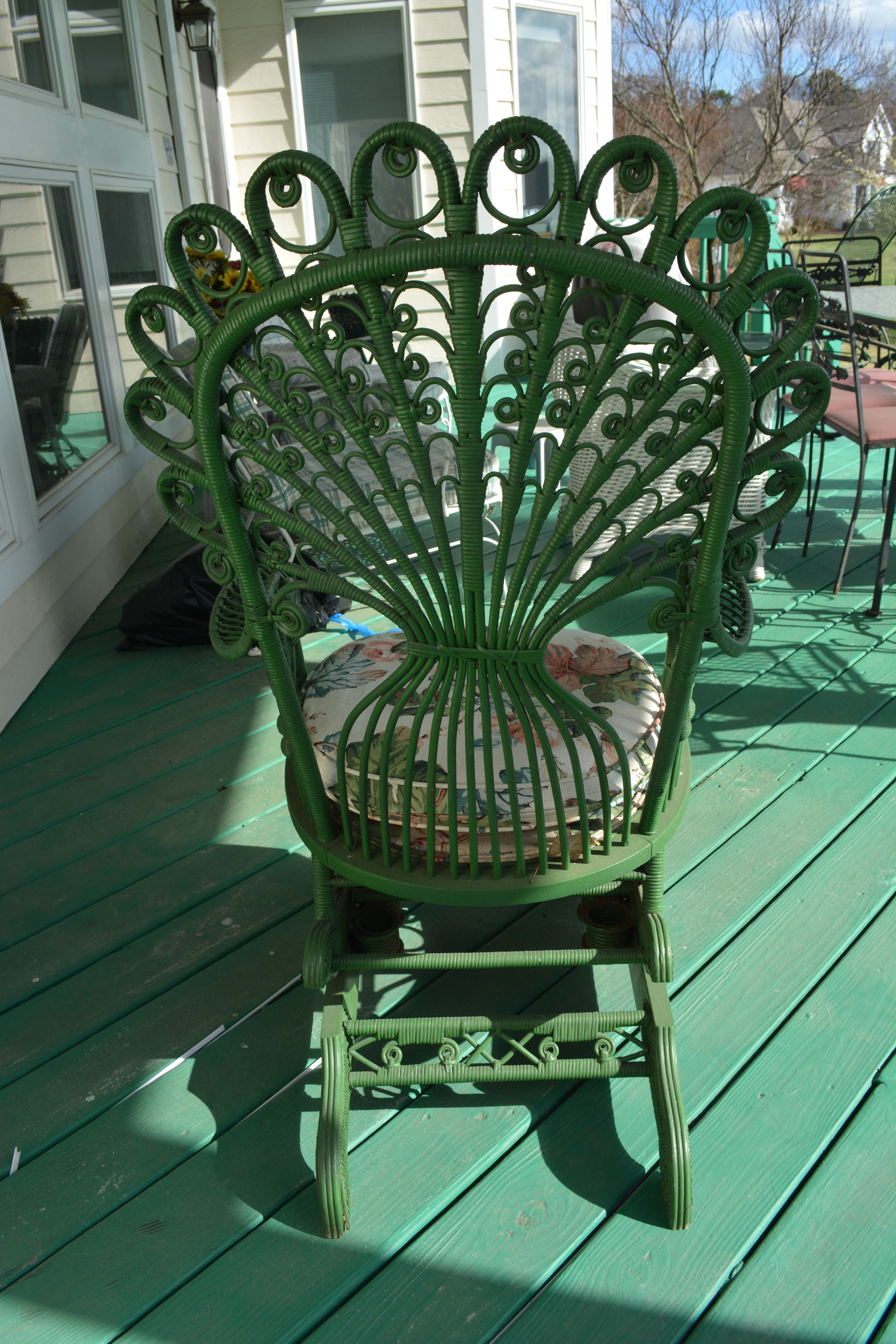 Antique Green Wicker Peacock Platform Rocker