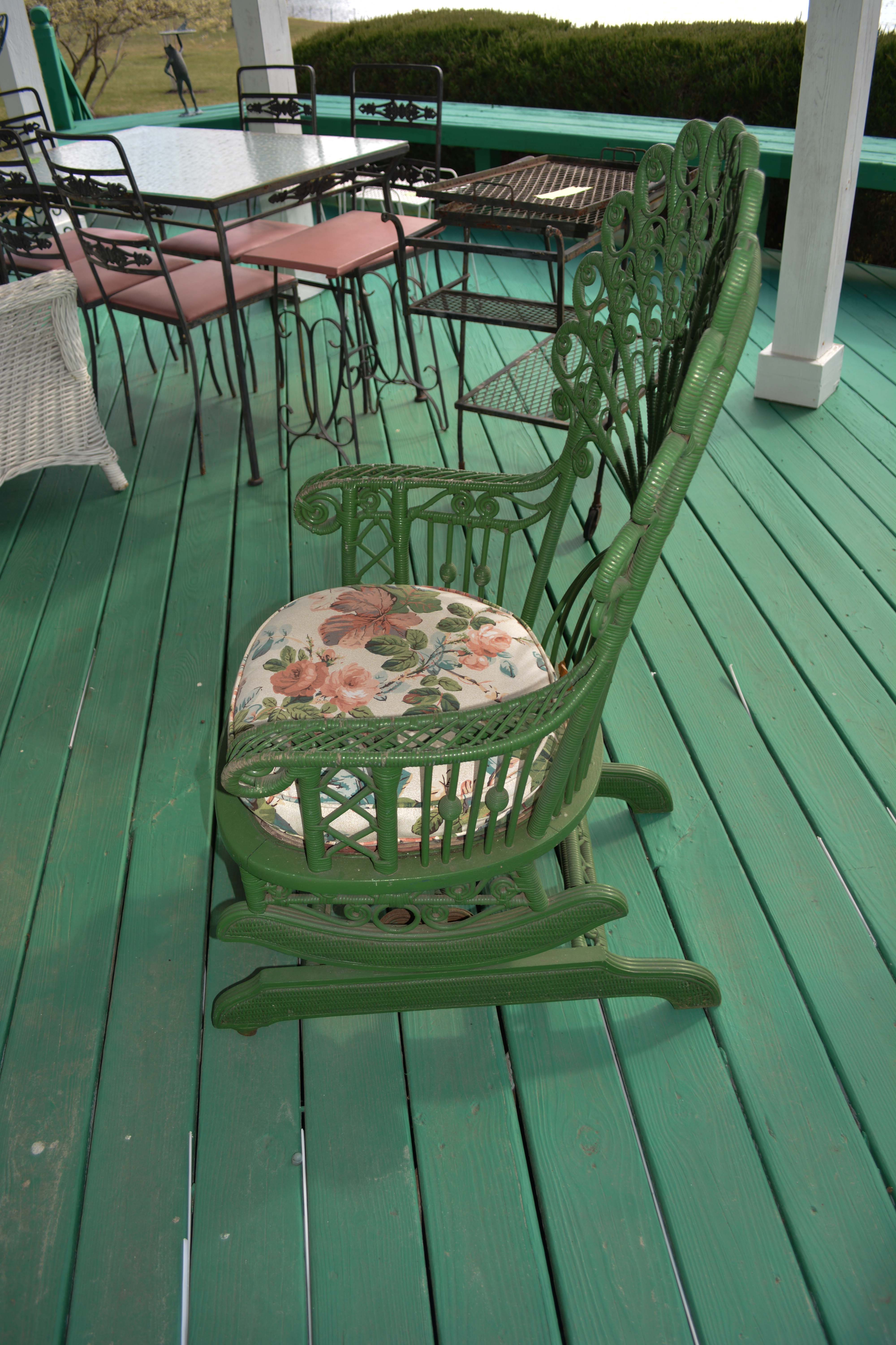 Antique Green Wicker Peacock Platform Rocker