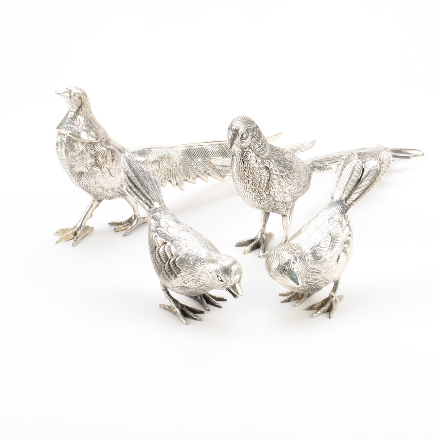 Silver Plate Pheasants and Silver Tone Sparrow Figurines