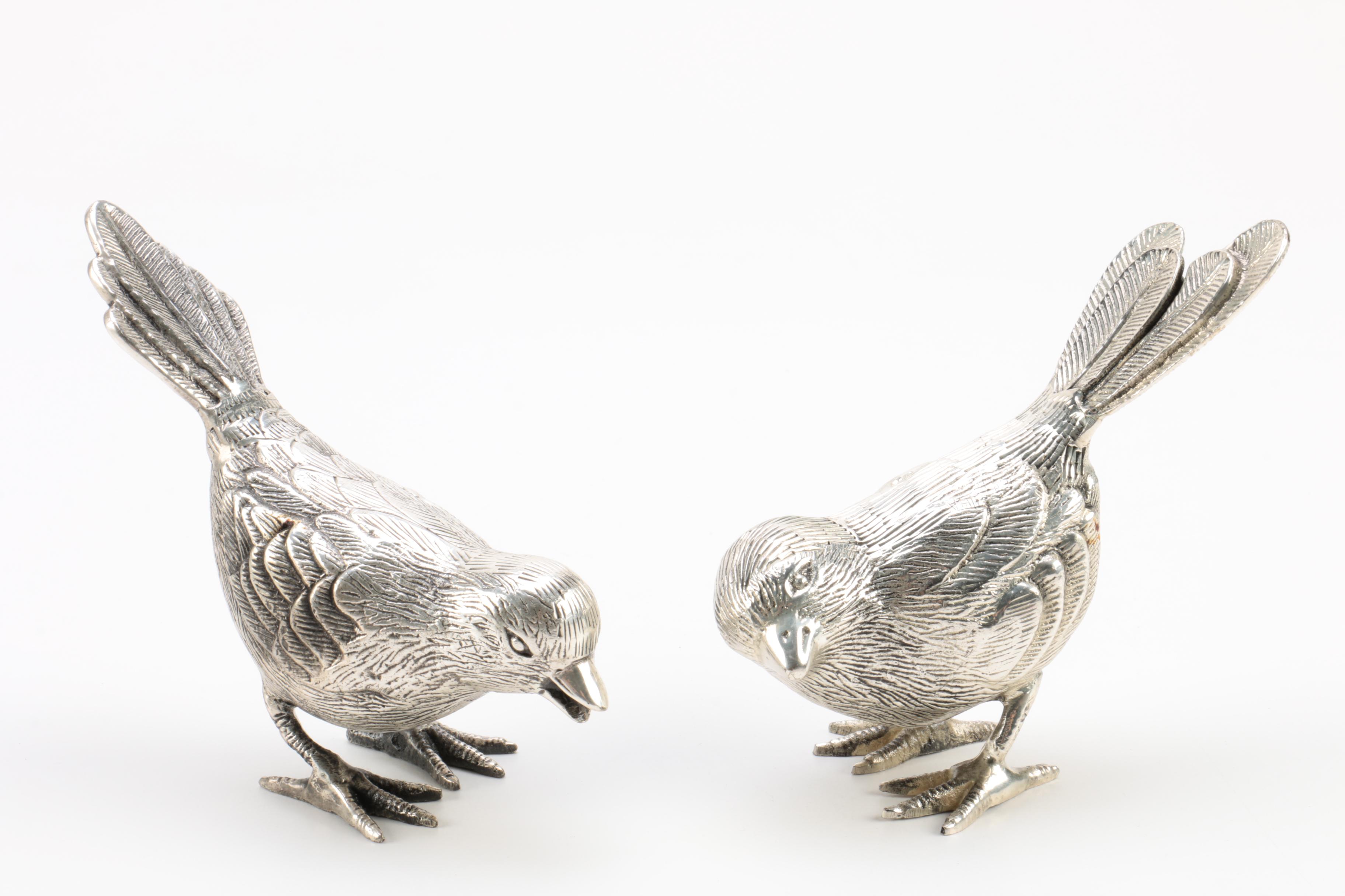 Silver Plate Pheasants and Silver Tone Sparrow Figurines