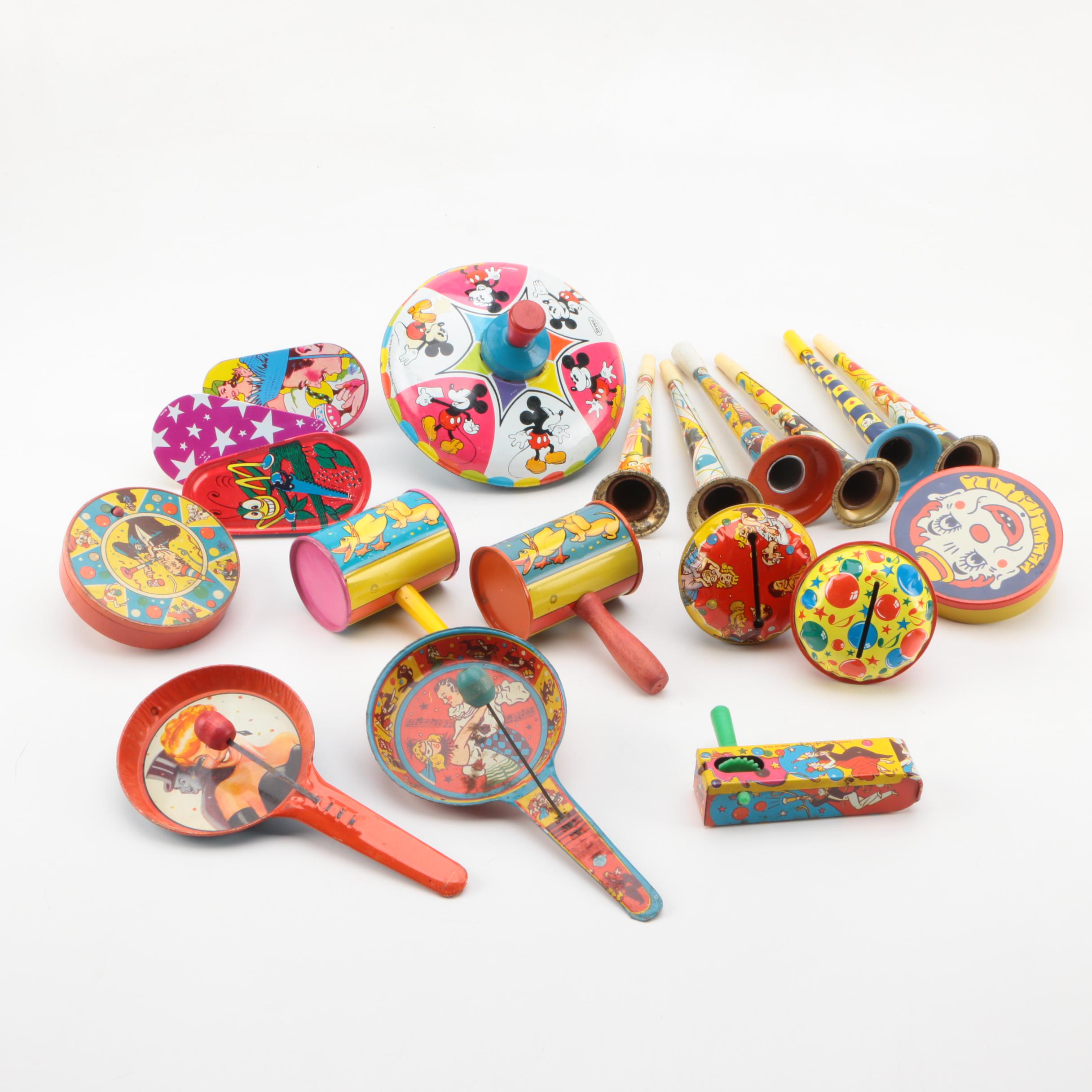 Mid Century Tin Litho Noisemakers and Toys Including Mickey Mouse