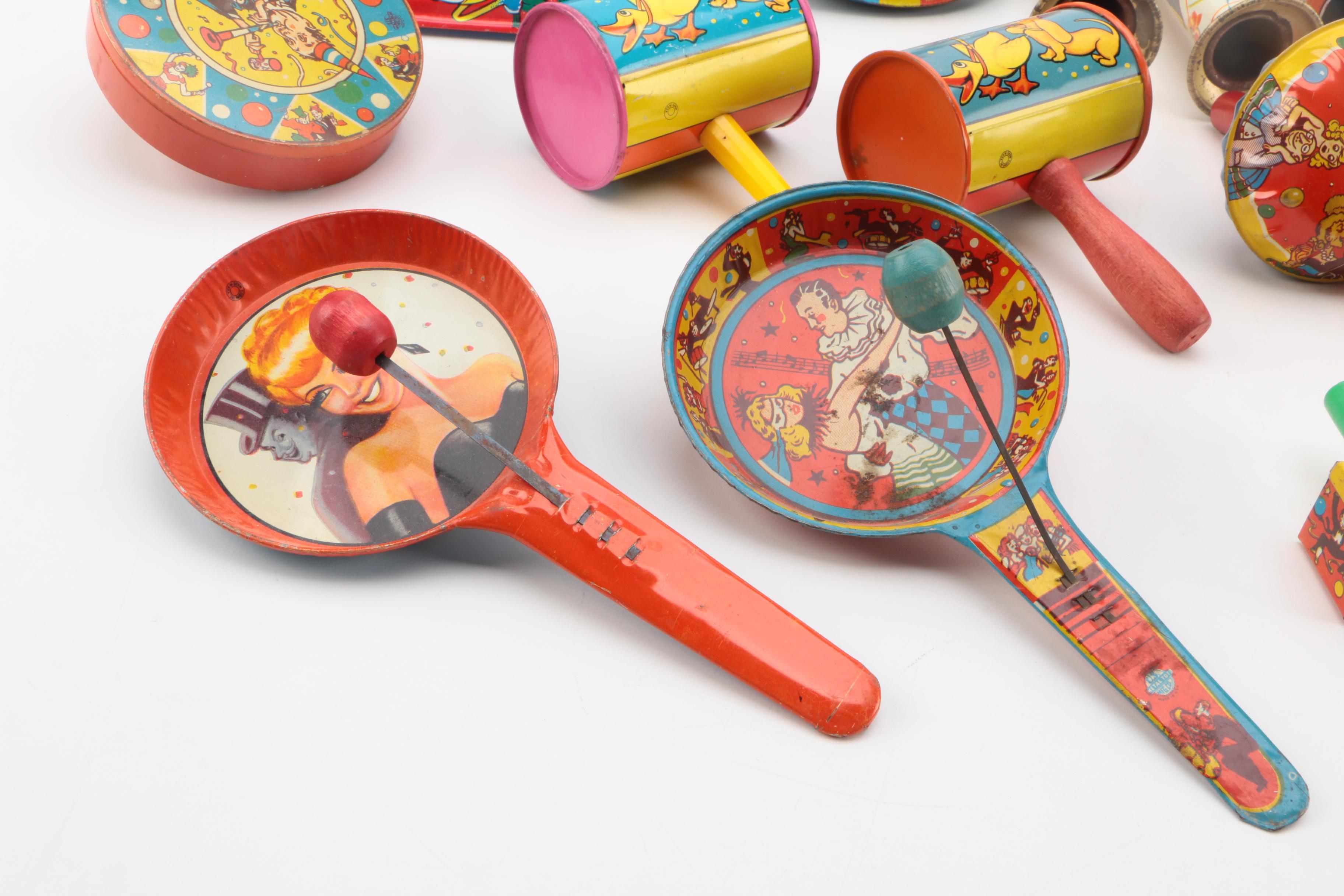 Mid Century Tin Litho Noisemakers and Toys Including Mickey Mouse