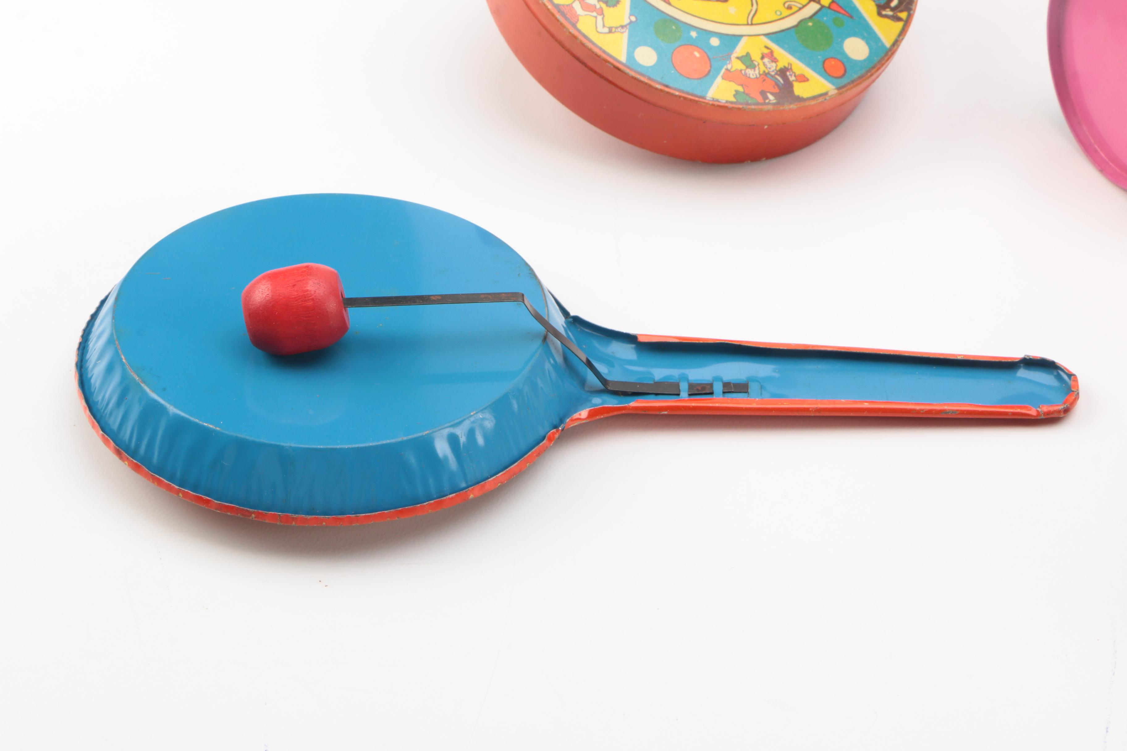 Mid Century Tin Litho Noisemakers and Toys Including Mickey Mouse