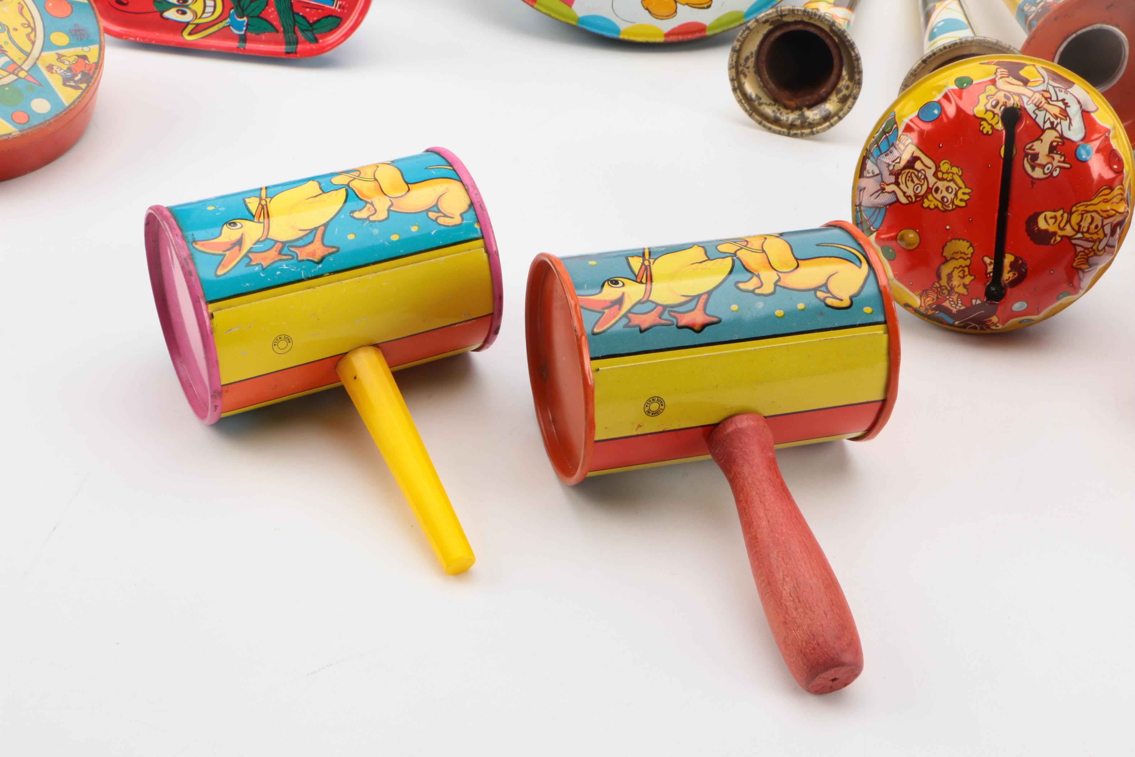 Mid Century Tin Litho Noisemakers and Toys Including Mickey Mouse