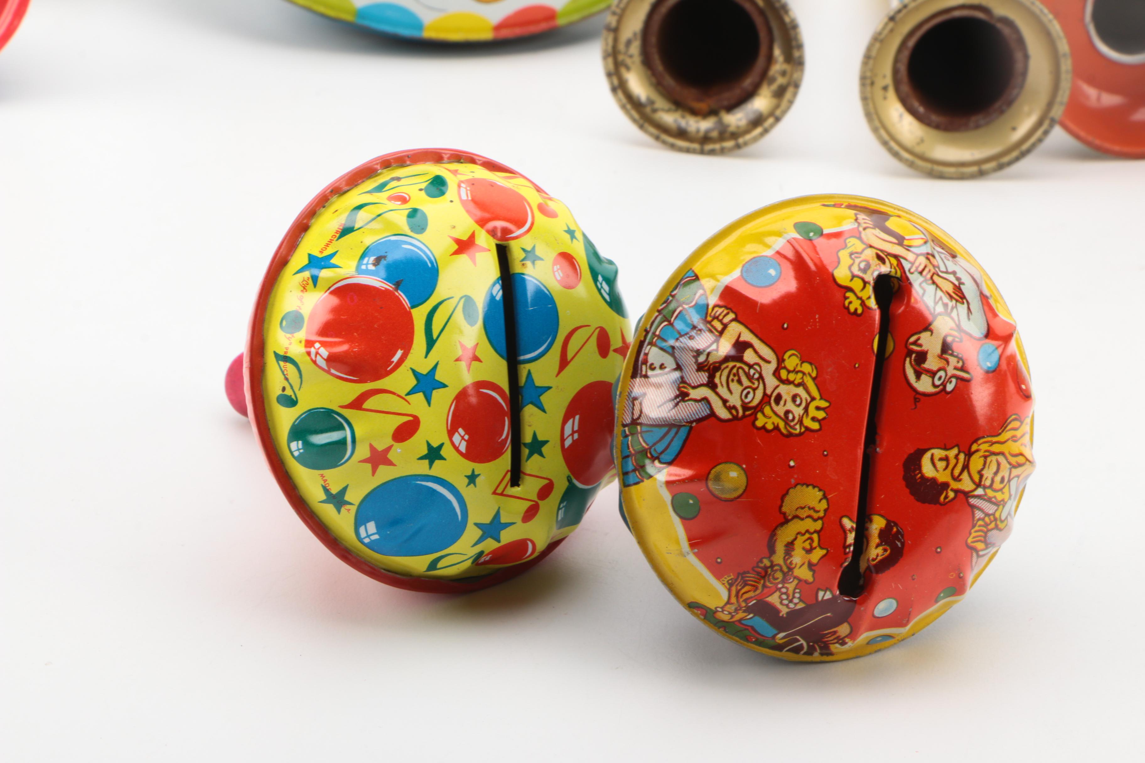 Mid Century Tin Litho Noisemakers and Toys Including Mickey Mouse