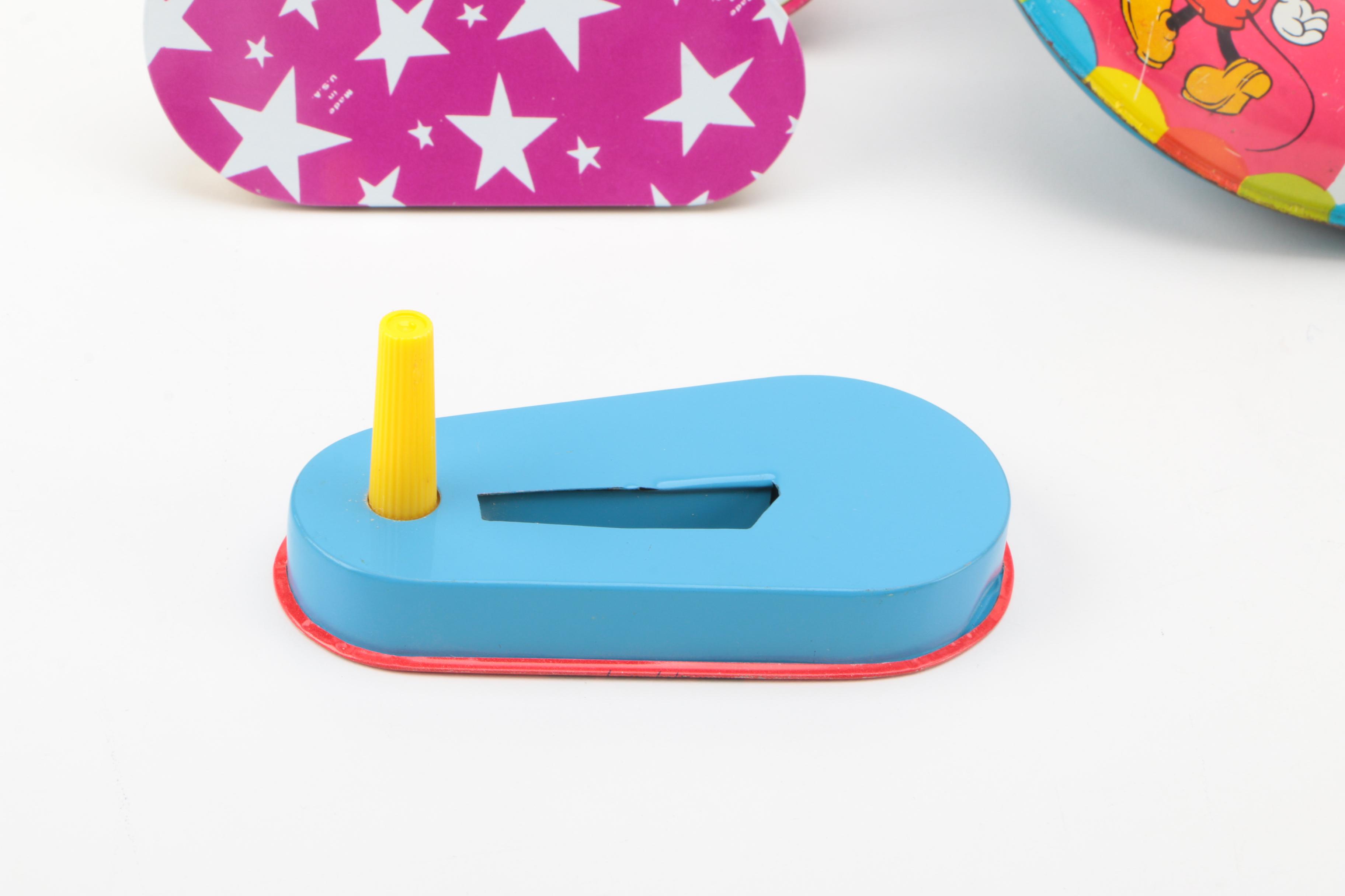 Mid Century Tin Litho Noisemakers and Toys Including Mickey Mouse