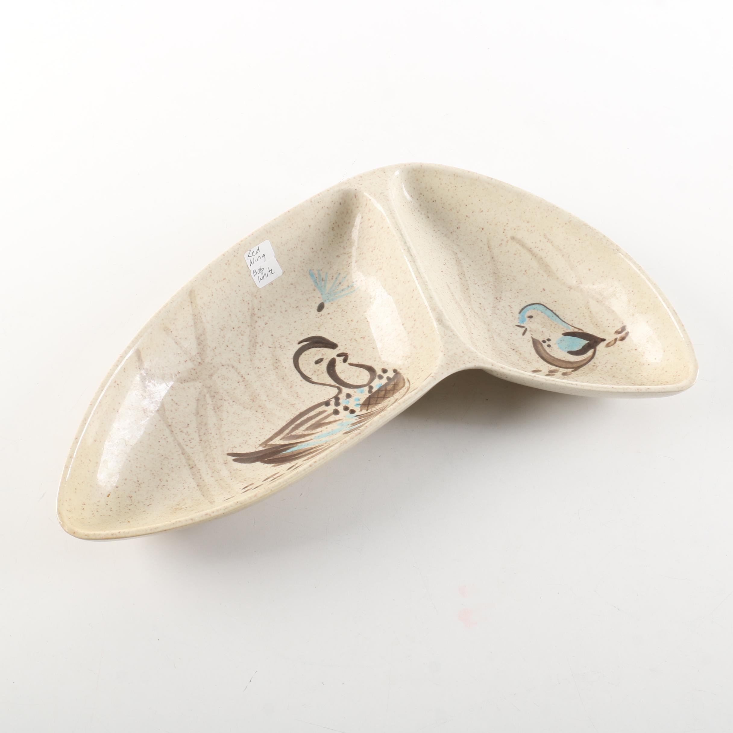 Vintage Red Wing Pottery "Bob White" Oval Divided Vegetable Bowl