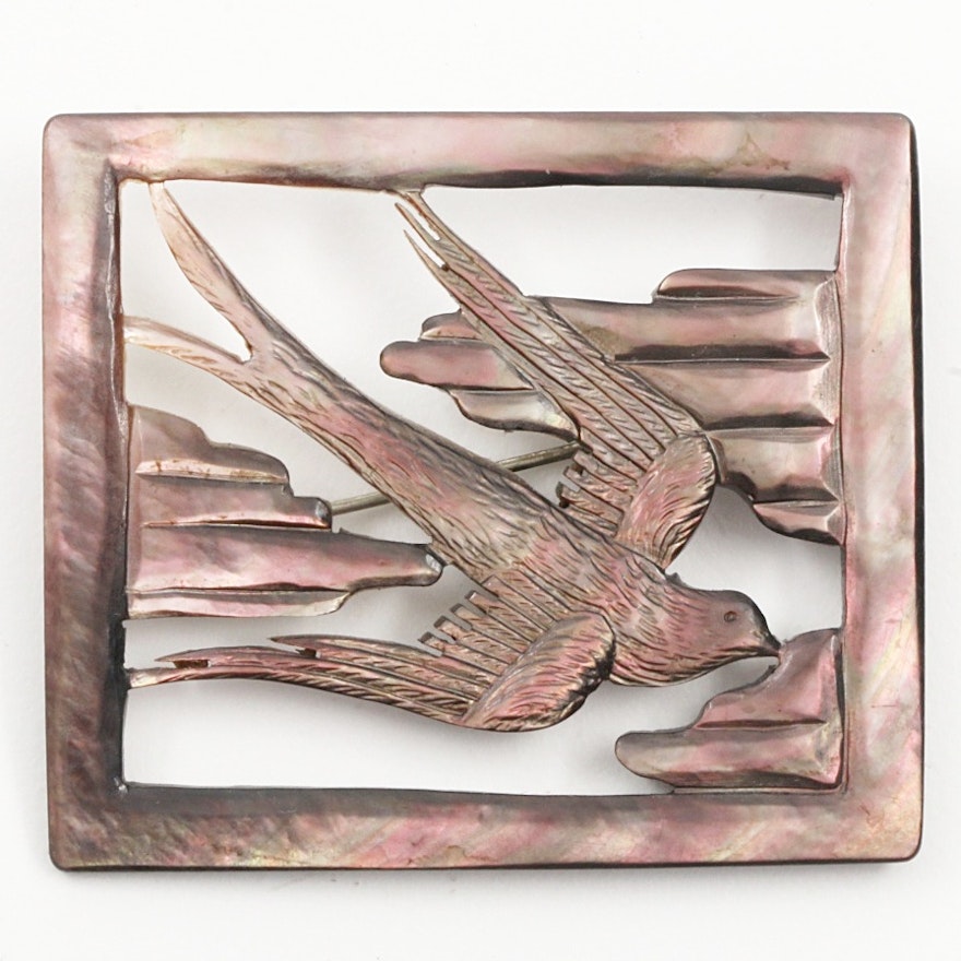 Mother of Pearl Swallow Pin and Chamois Leather Jewelry Box