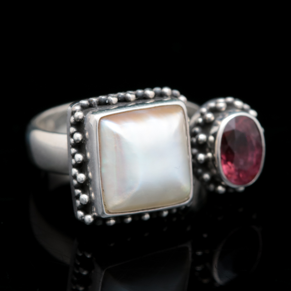 Sterling Silver, Mabé Pearl and Pink Tourmaline Ring