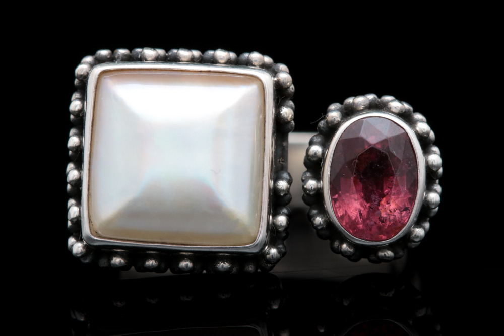Sterling Silver, Mabé Pearl and Pink Tourmaline Ring