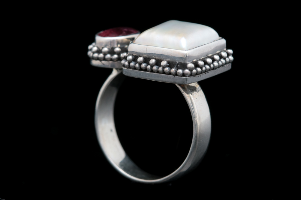 Sterling Silver, Mabé Pearl and Pink Tourmaline Ring