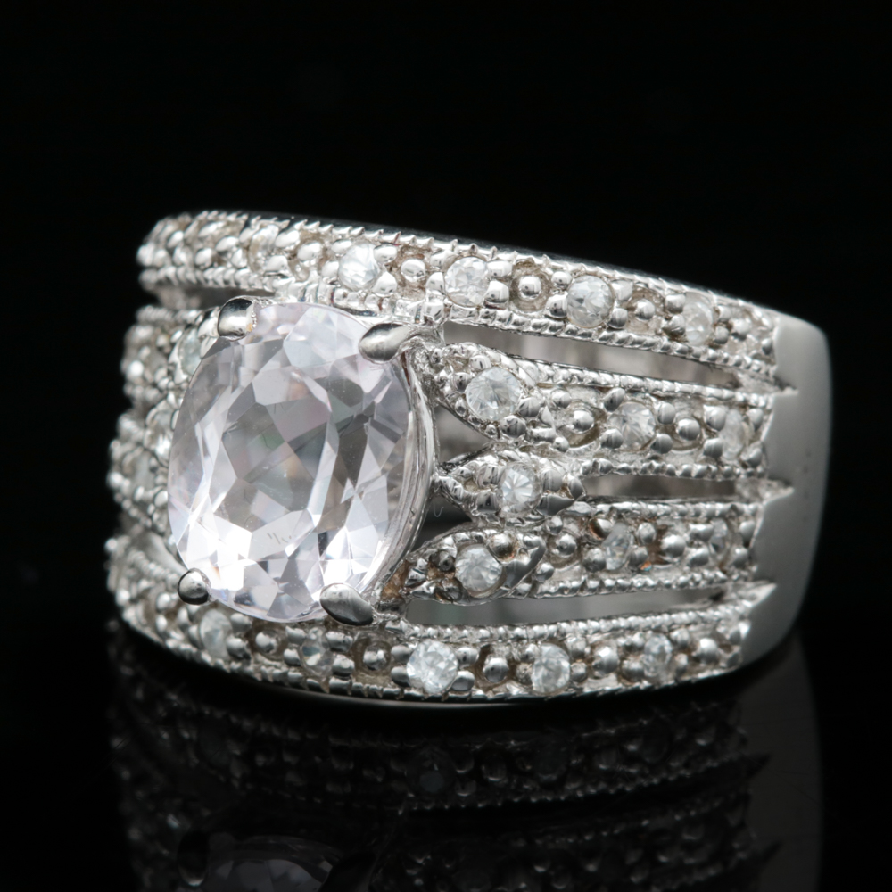 Sterling Silver, Rose Quartz and White Zircon Ring