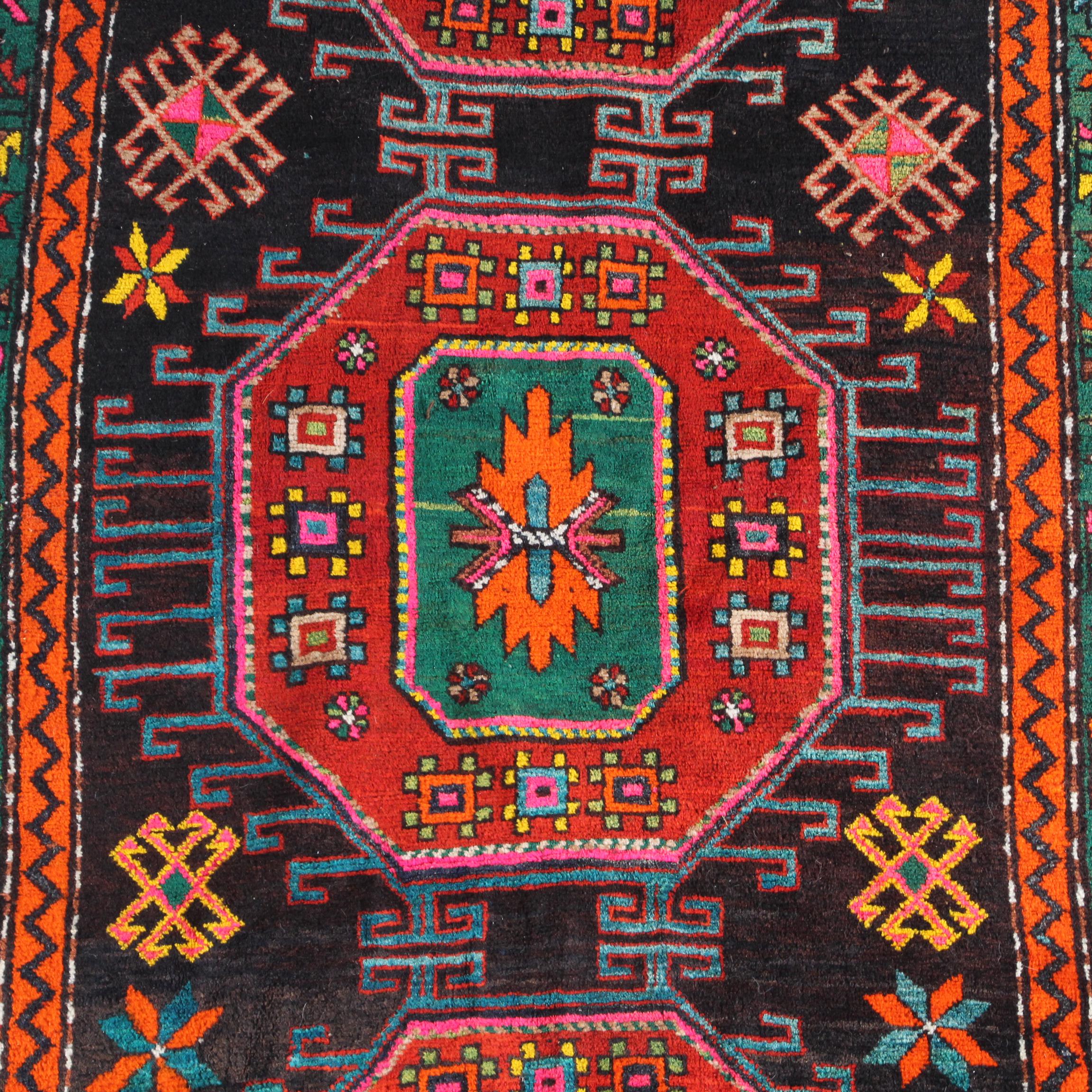 Hand-Knotted Caucasian Kazak Wool Long Rug