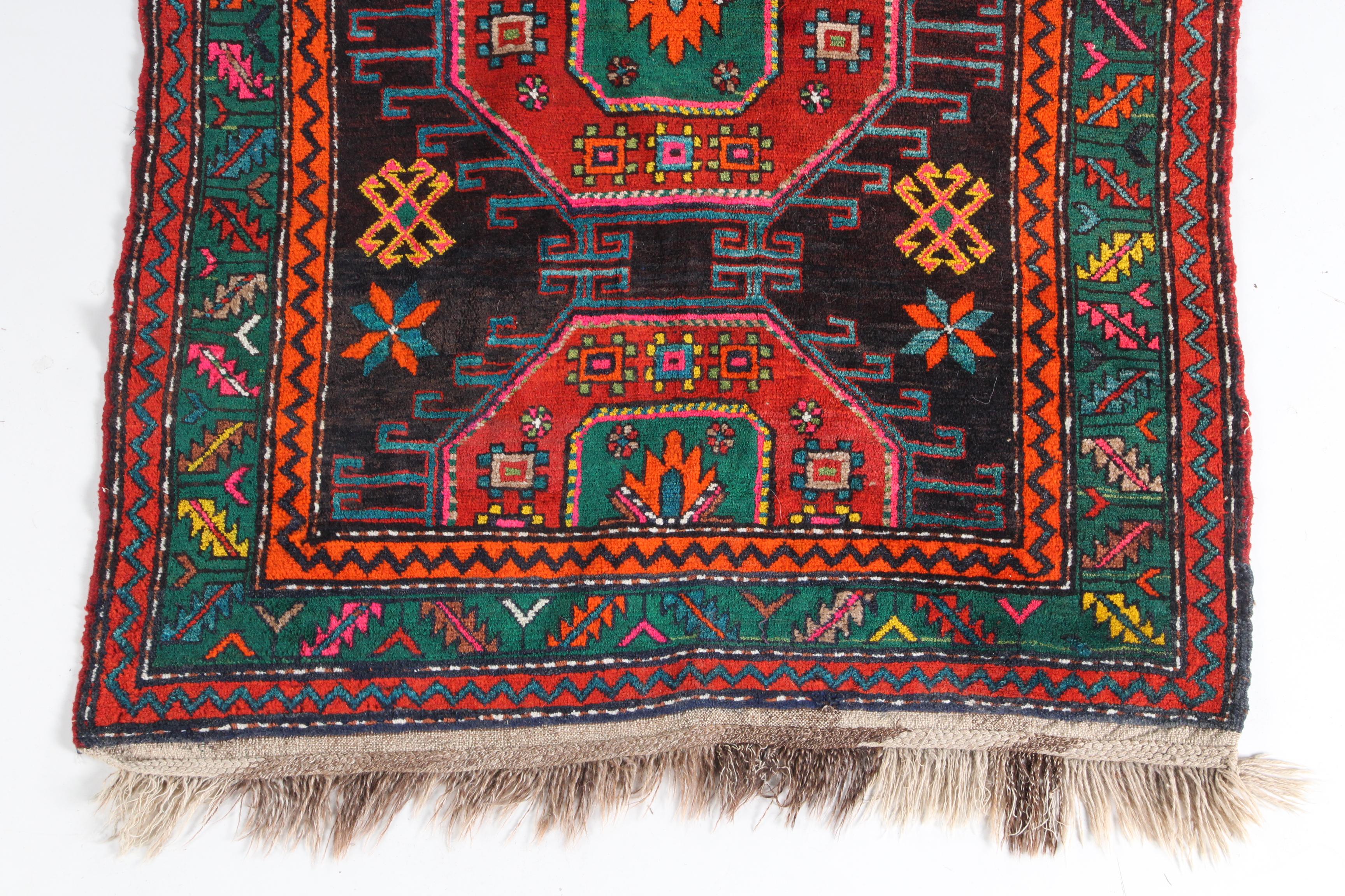 Hand-Knotted Caucasian Kazak Wool Long Rug