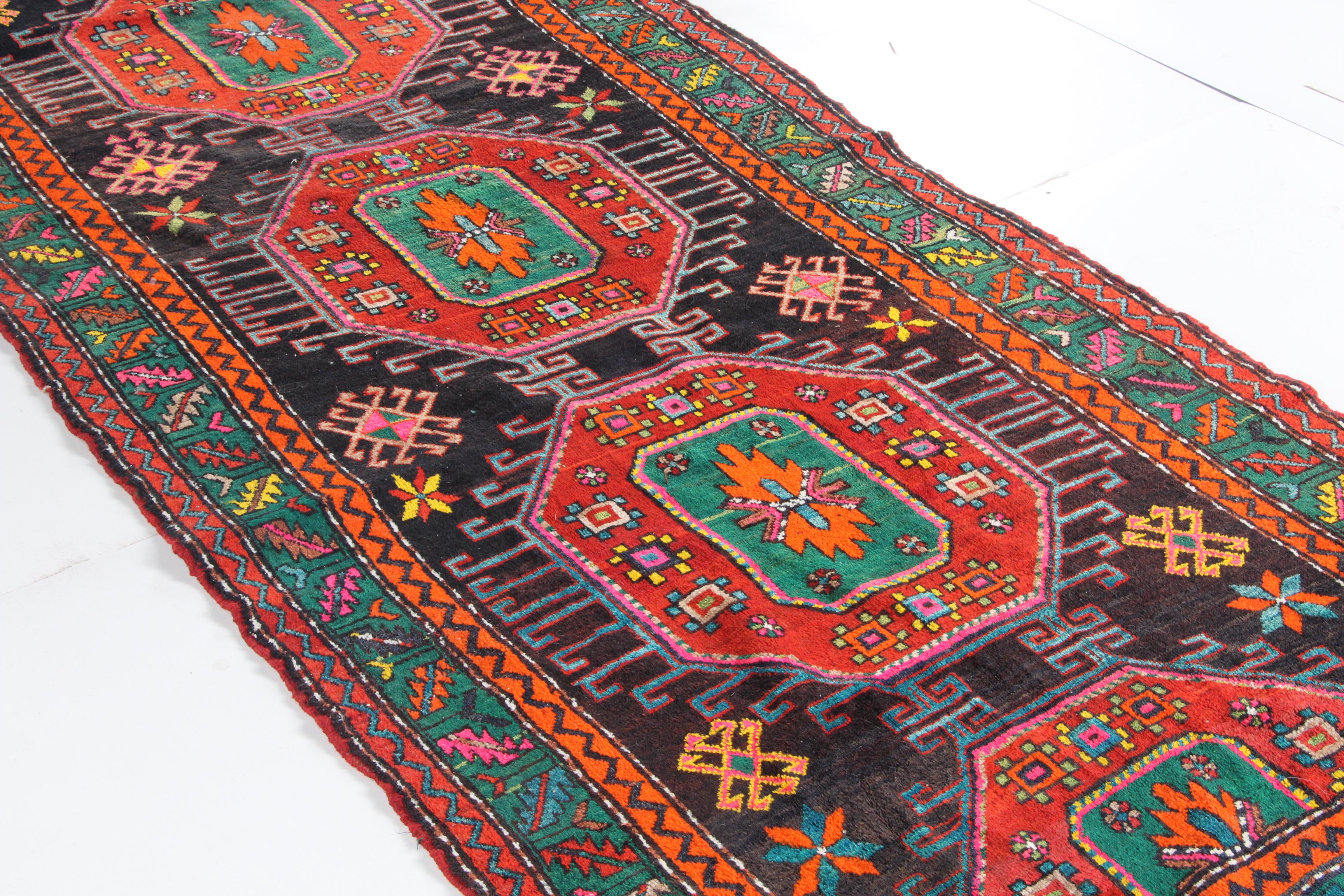 Hand-Knotted Caucasian Kazak Wool Long Rug