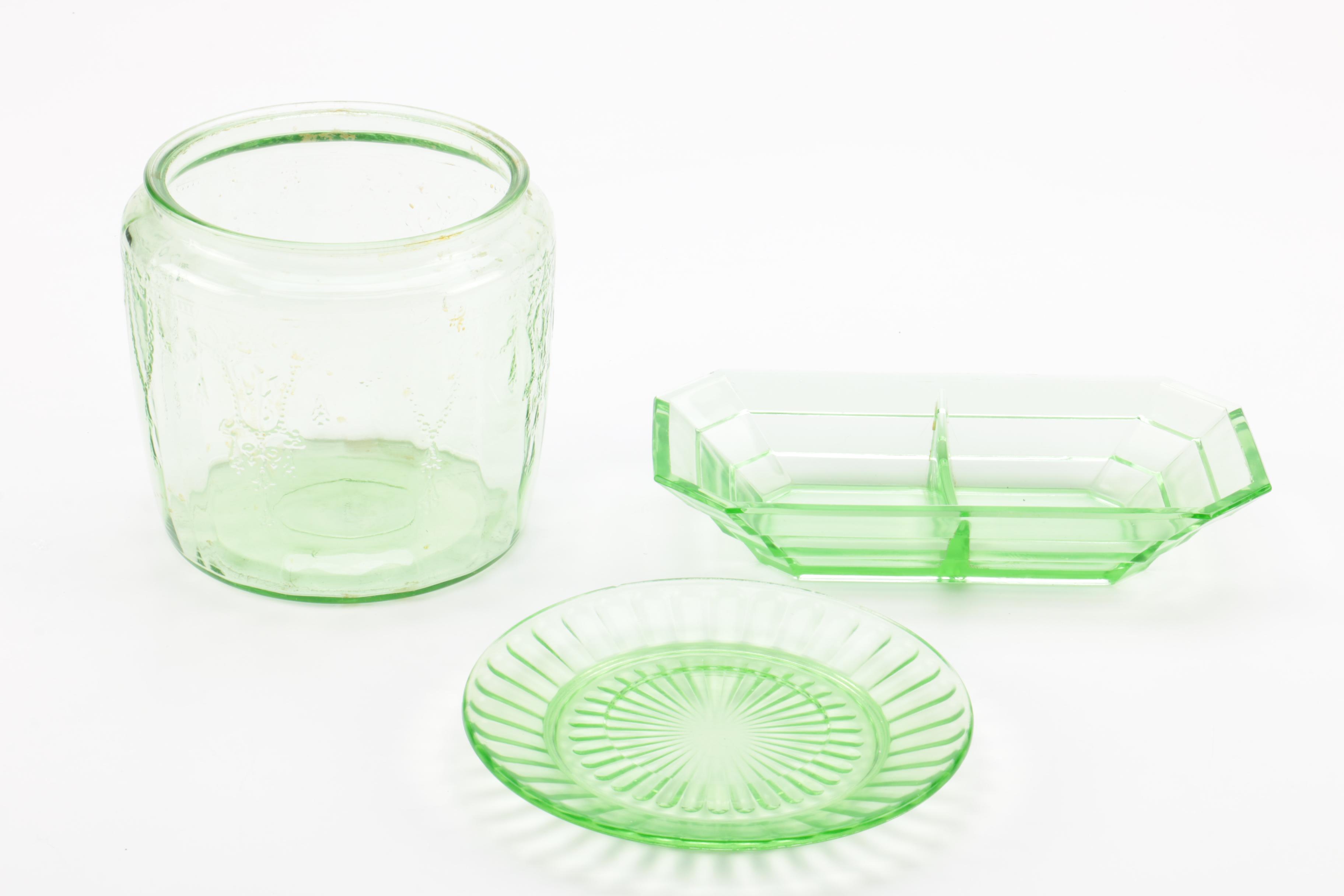 Vaseline Glass Tableware and Green Glass Goblets