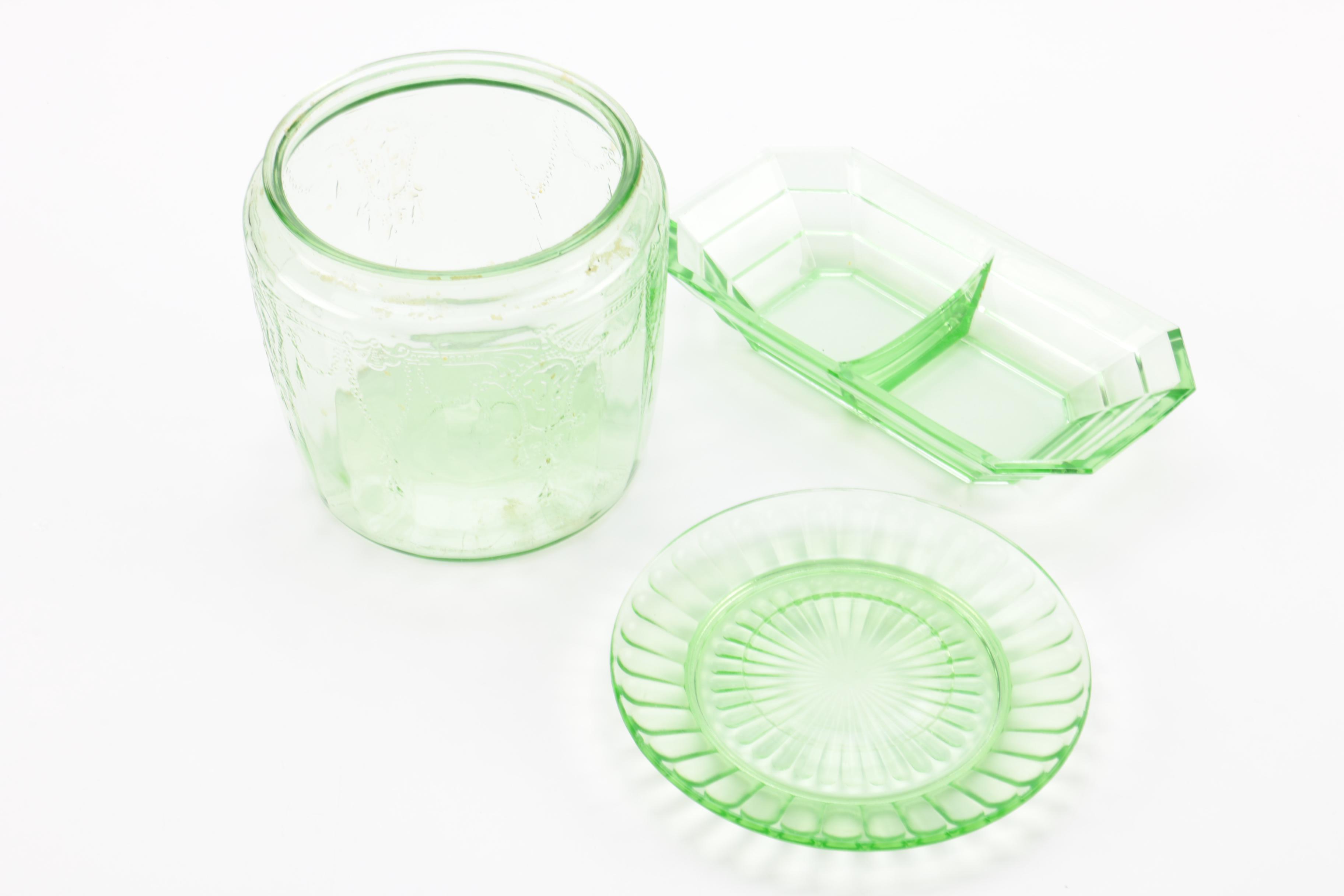 Vaseline Glass Tableware and Green Glass Goblets