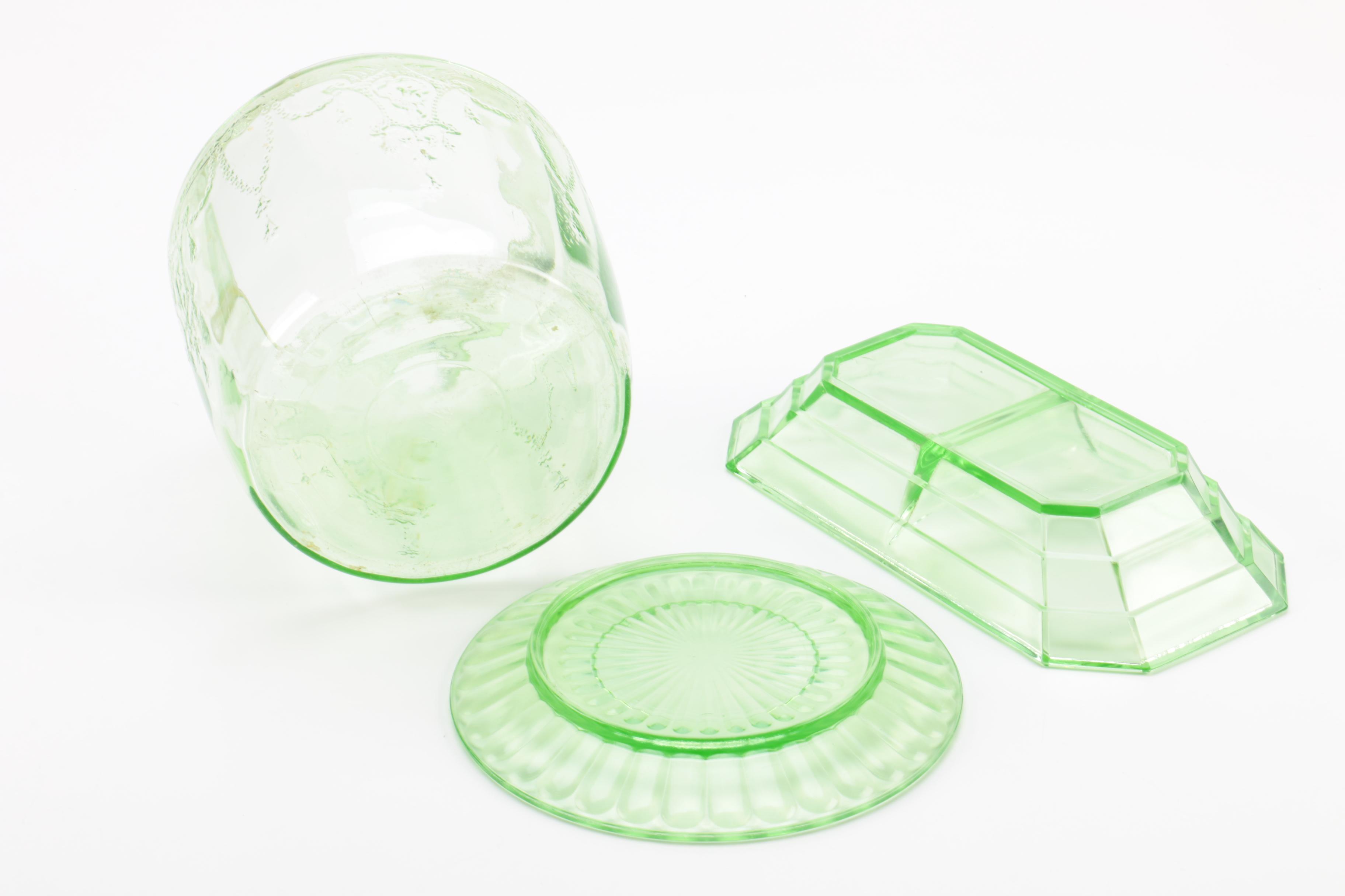 Vaseline Glass Tableware and Green Glass Goblets