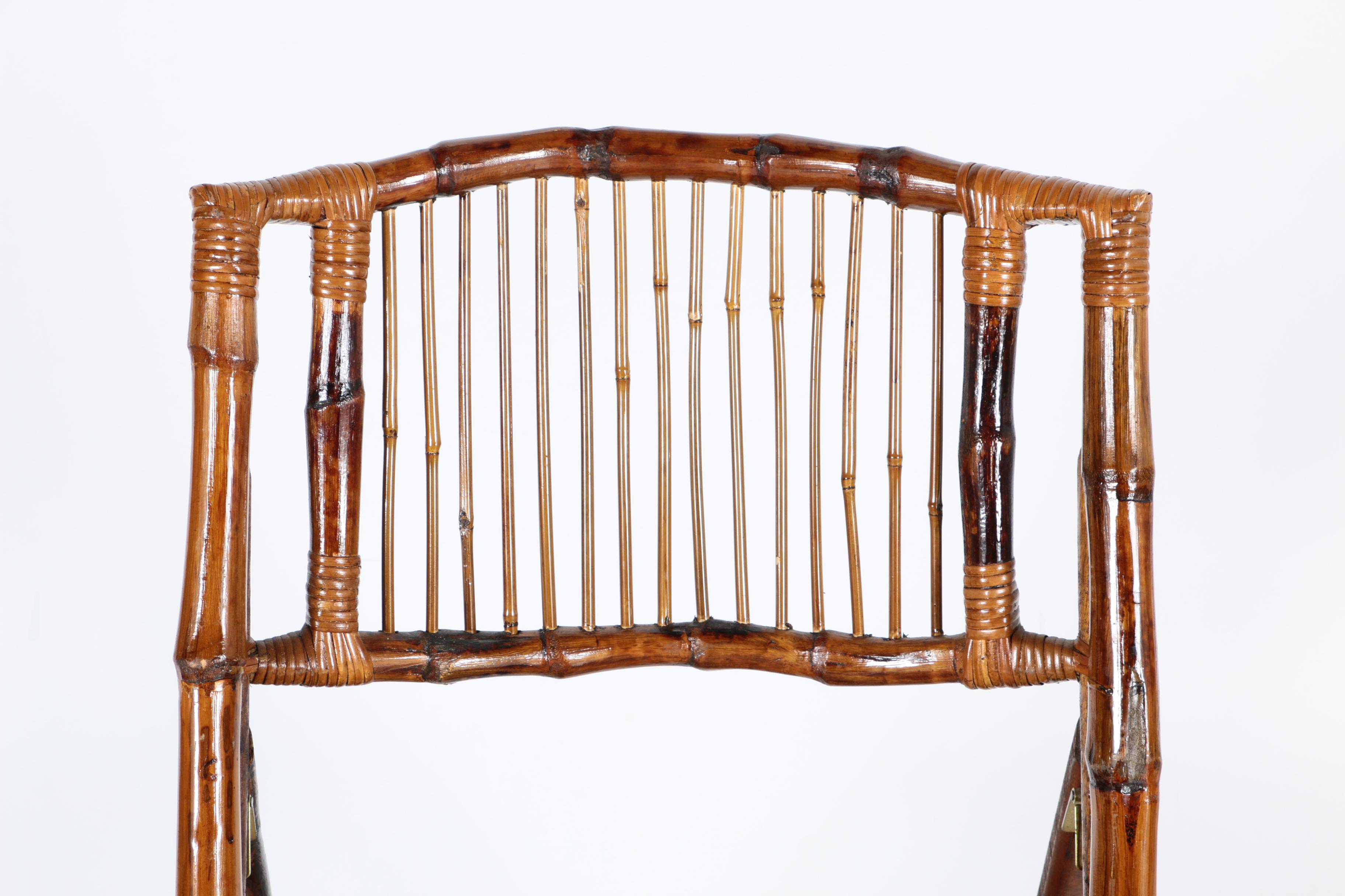 Six Wooden Folding Chairs with Reed and Bamboo Motif