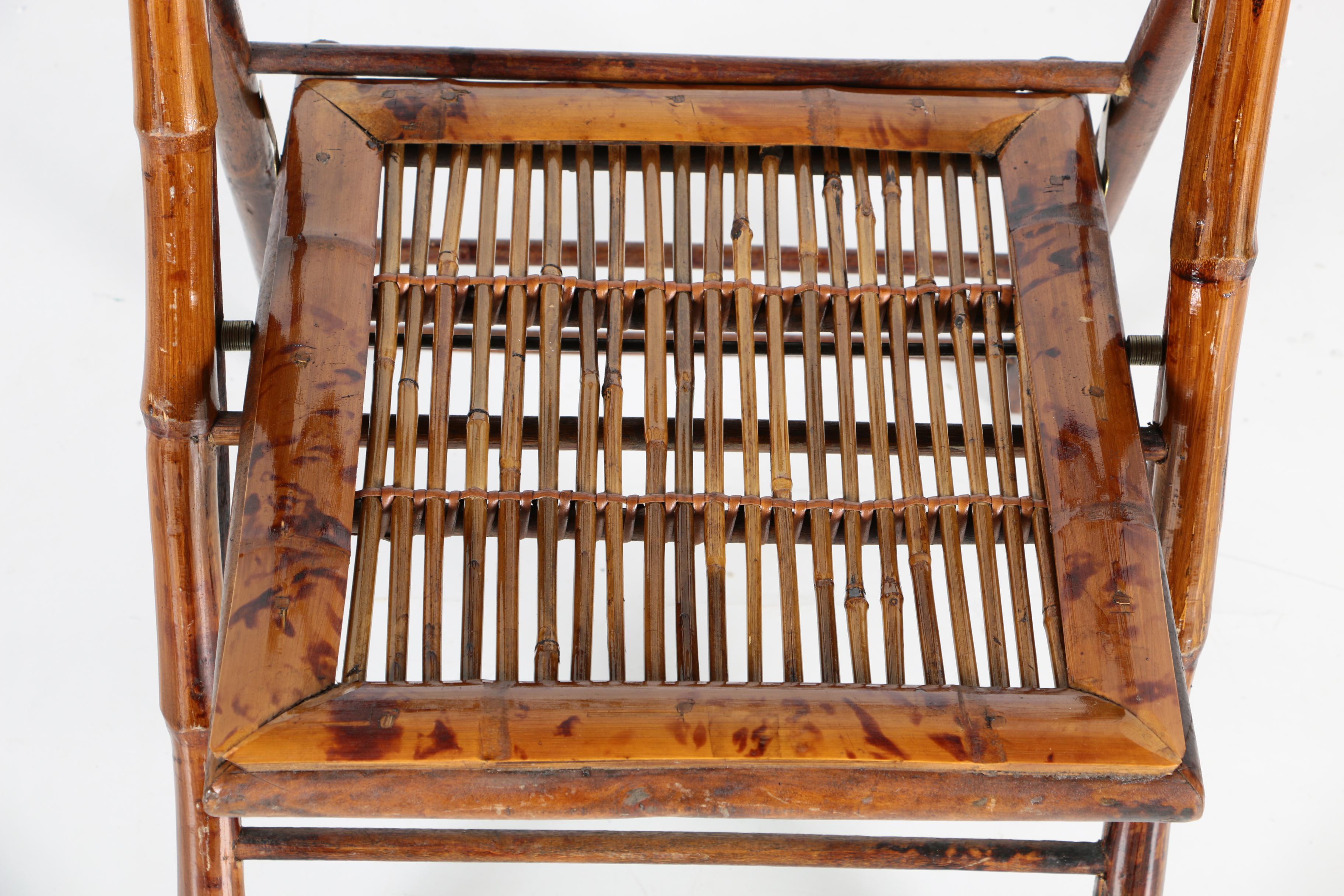 Six Wooden Folding Chairs with Reed and Bamboo Motif