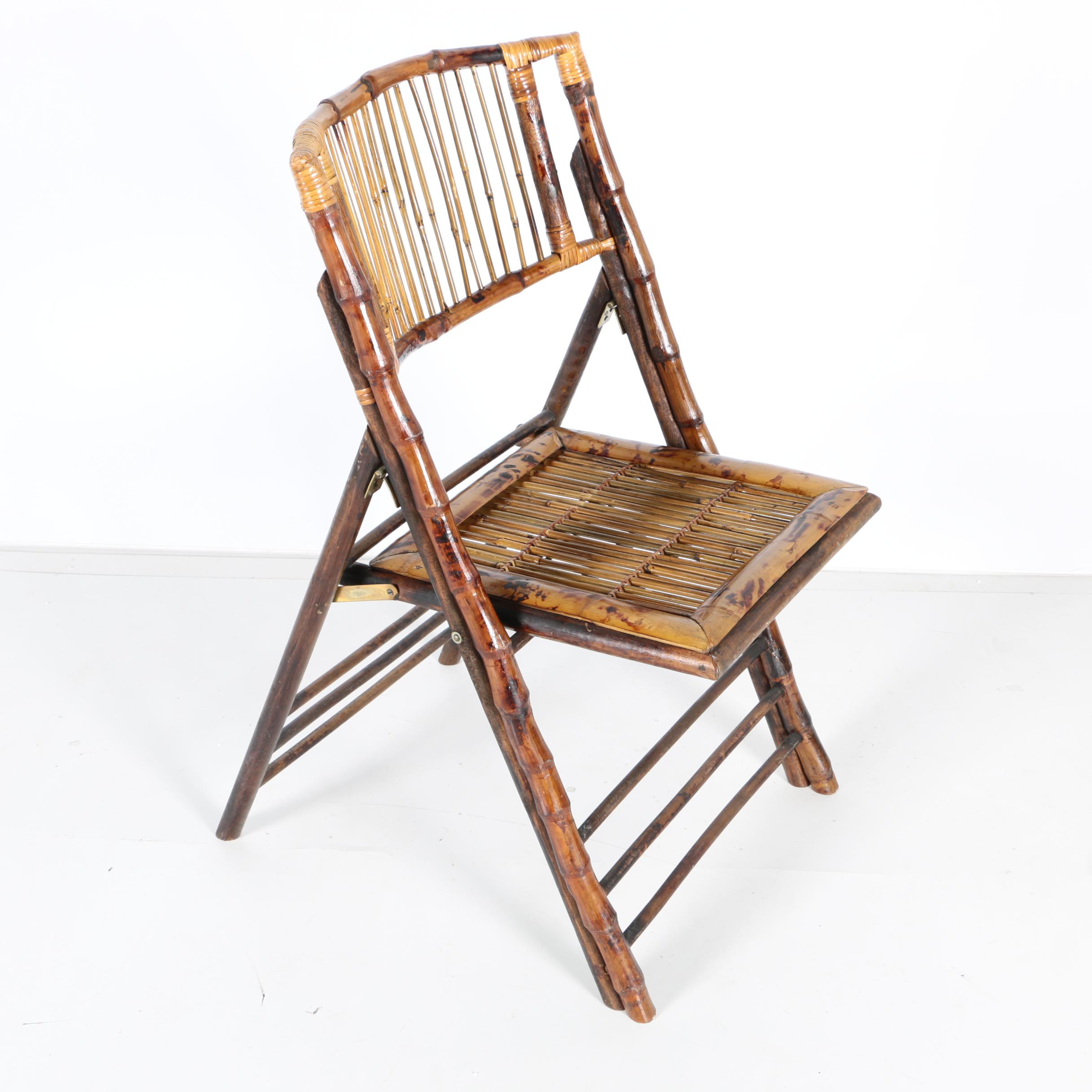 Six Wooden Folding Chairs with Reed and Bamboo Motif