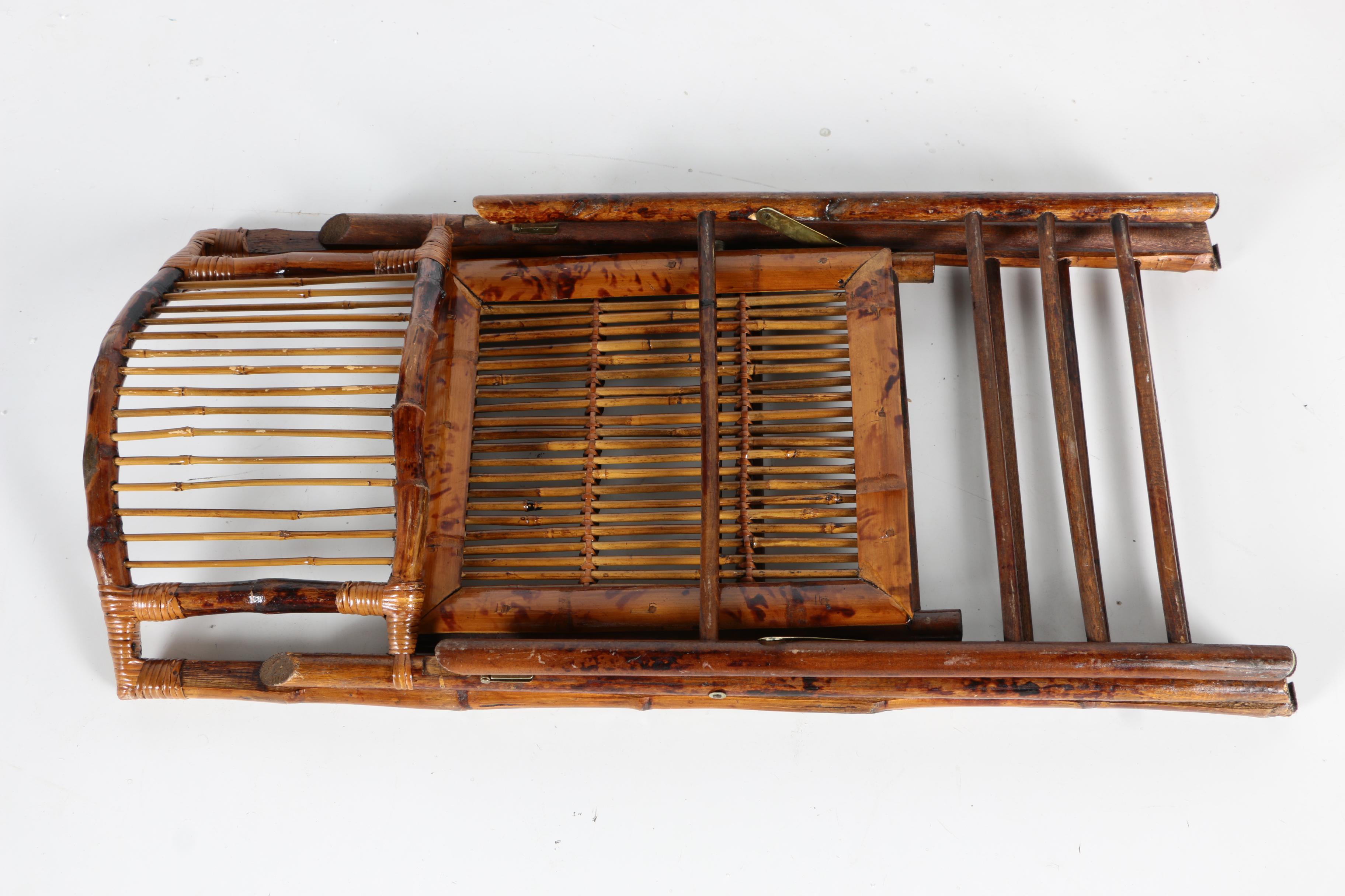 Six Wooden Folding Chairs with Reed and Bamboo Motif